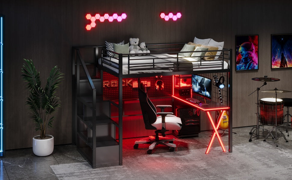 Full Size Metal Loft Bed with Built-in Work Station, Wardrobe, Storage Staircase and LED