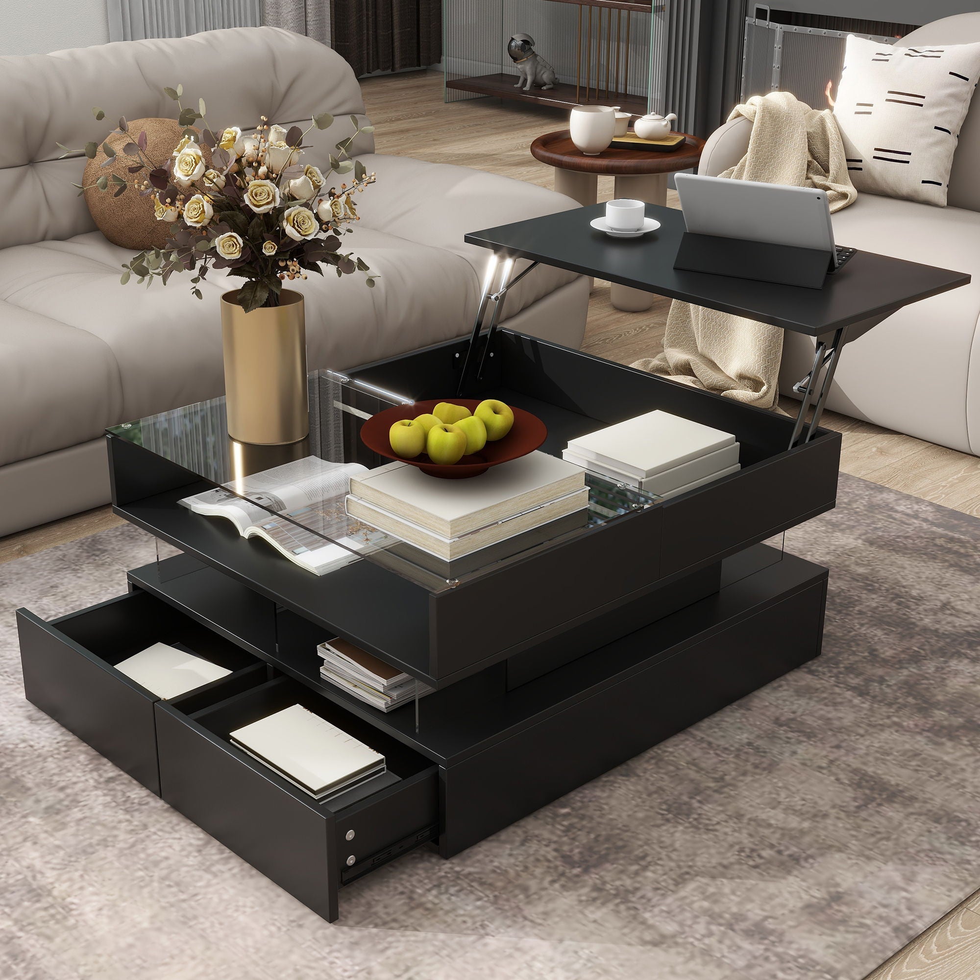 Lift Top Coffee Table With 2 Drawers, Hidden Space And LED Lights For Living Room