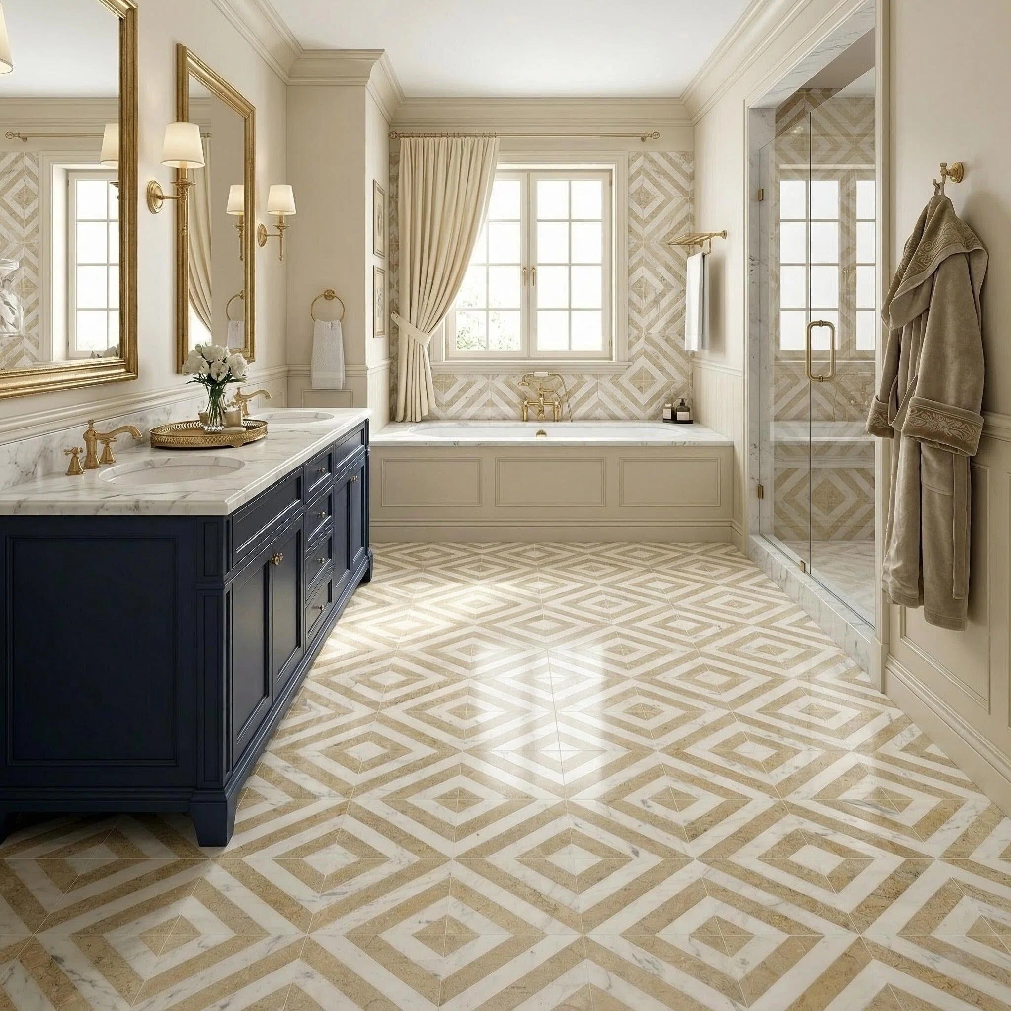 12x12 White Gold Two Color Waterjet Marble Tile