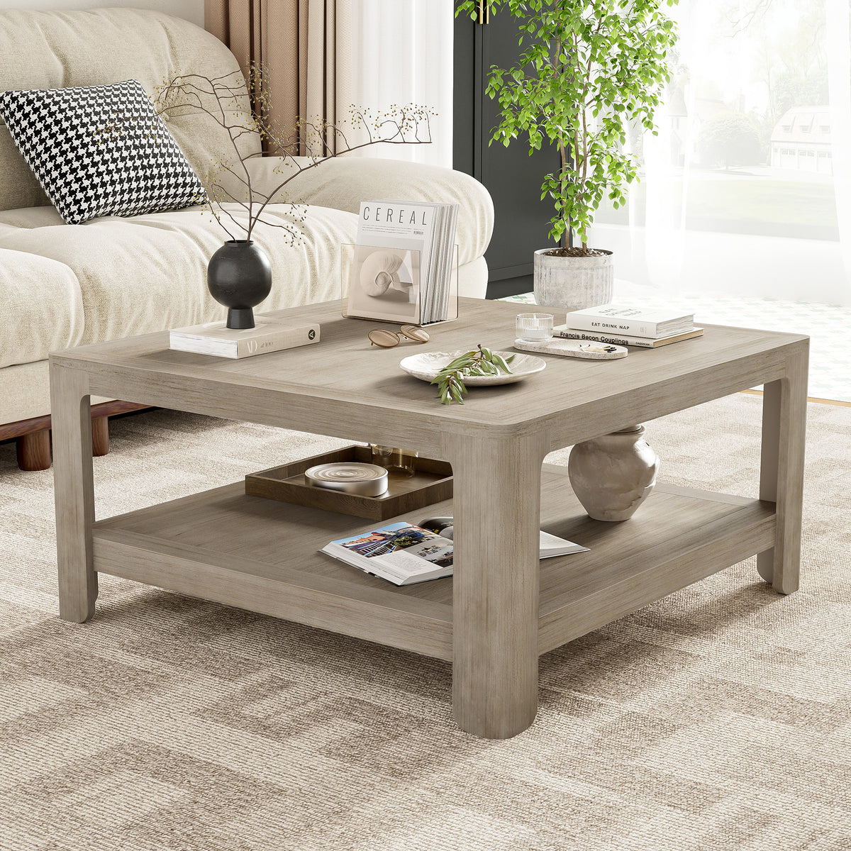 Square Coffee Table With Storage, Light Ash, 34-Inch