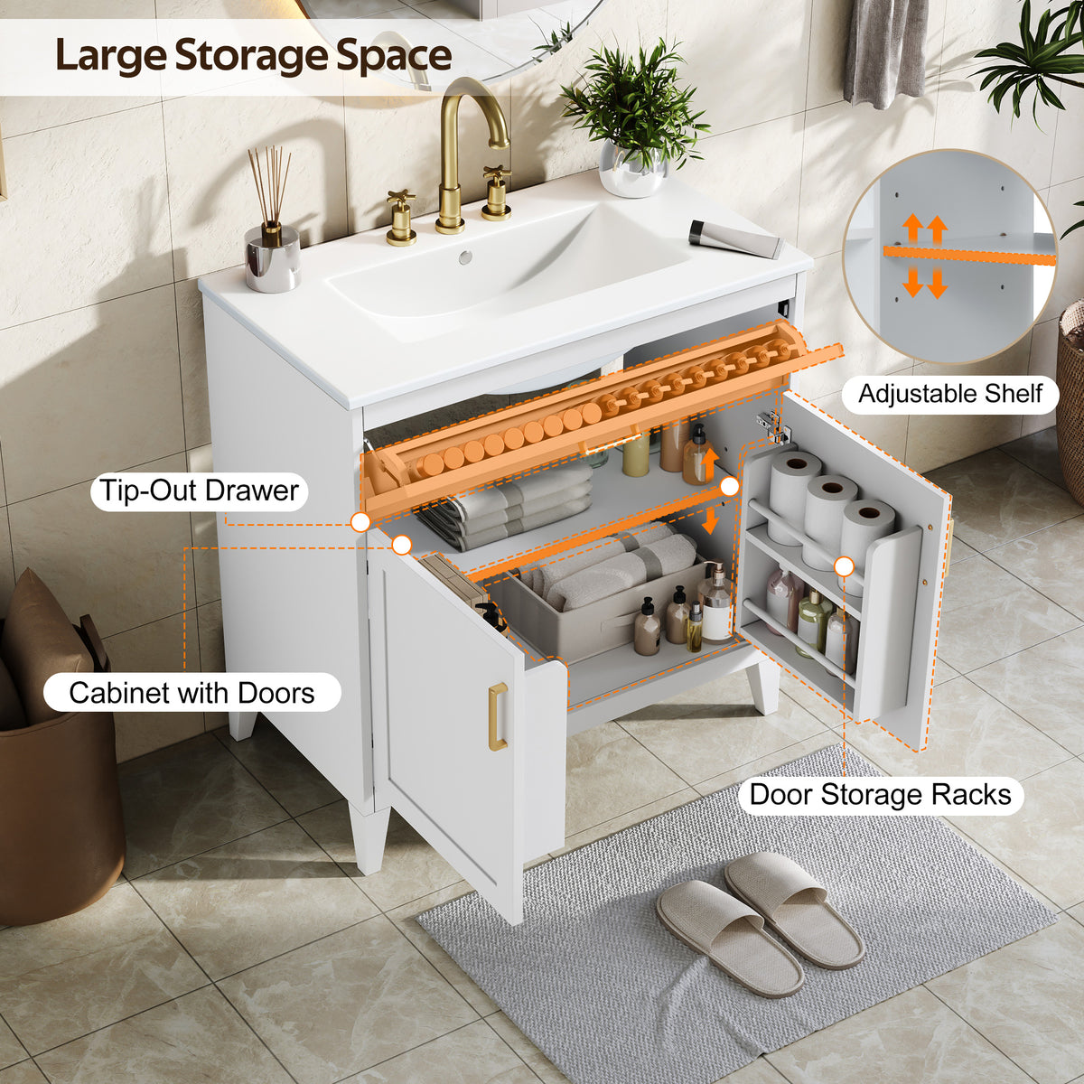 30-Inch Bathroom Vanity with Ceramic Sink, Soft-Close Doors, White