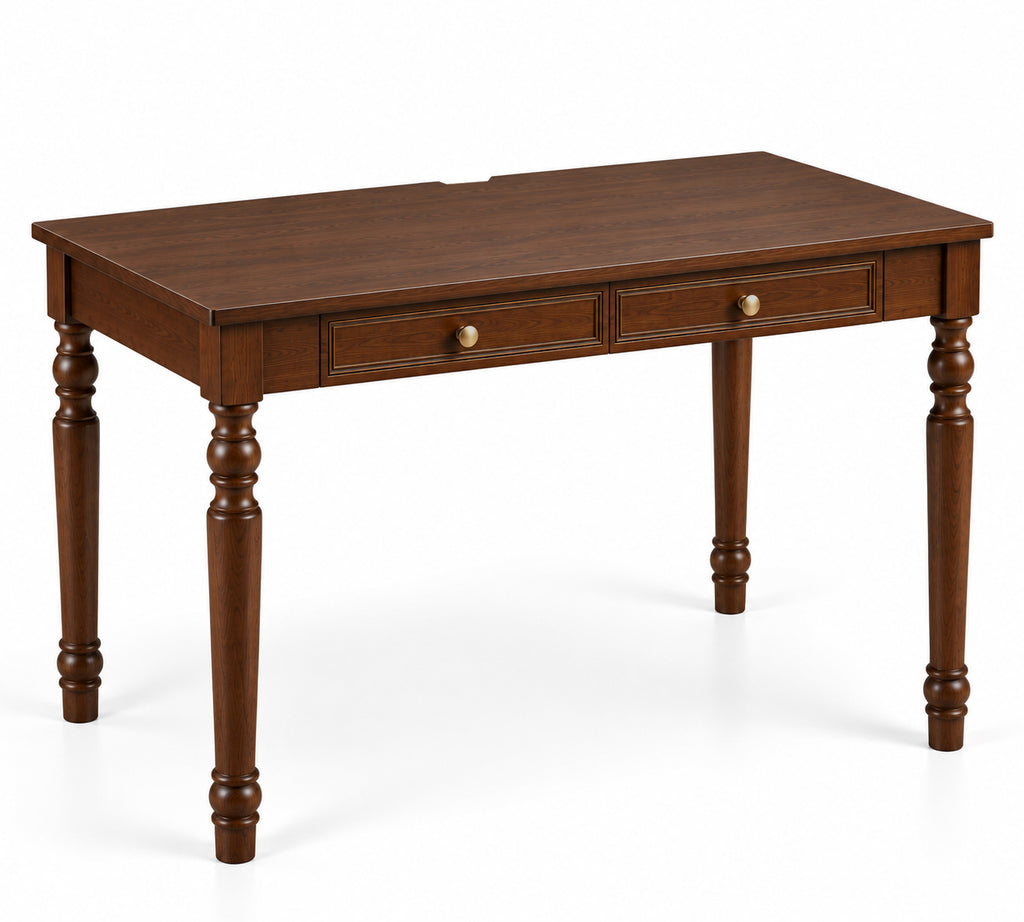 47.2-Inch Walnut Rubber Wood Writing Desk with Drawers, French Country