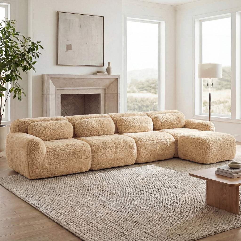 L-Shaped Soft And Fluffy Plush Fabric Modular Sectional Sofa