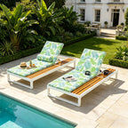 White Iron & Teak Finish Chaise Lounge Set