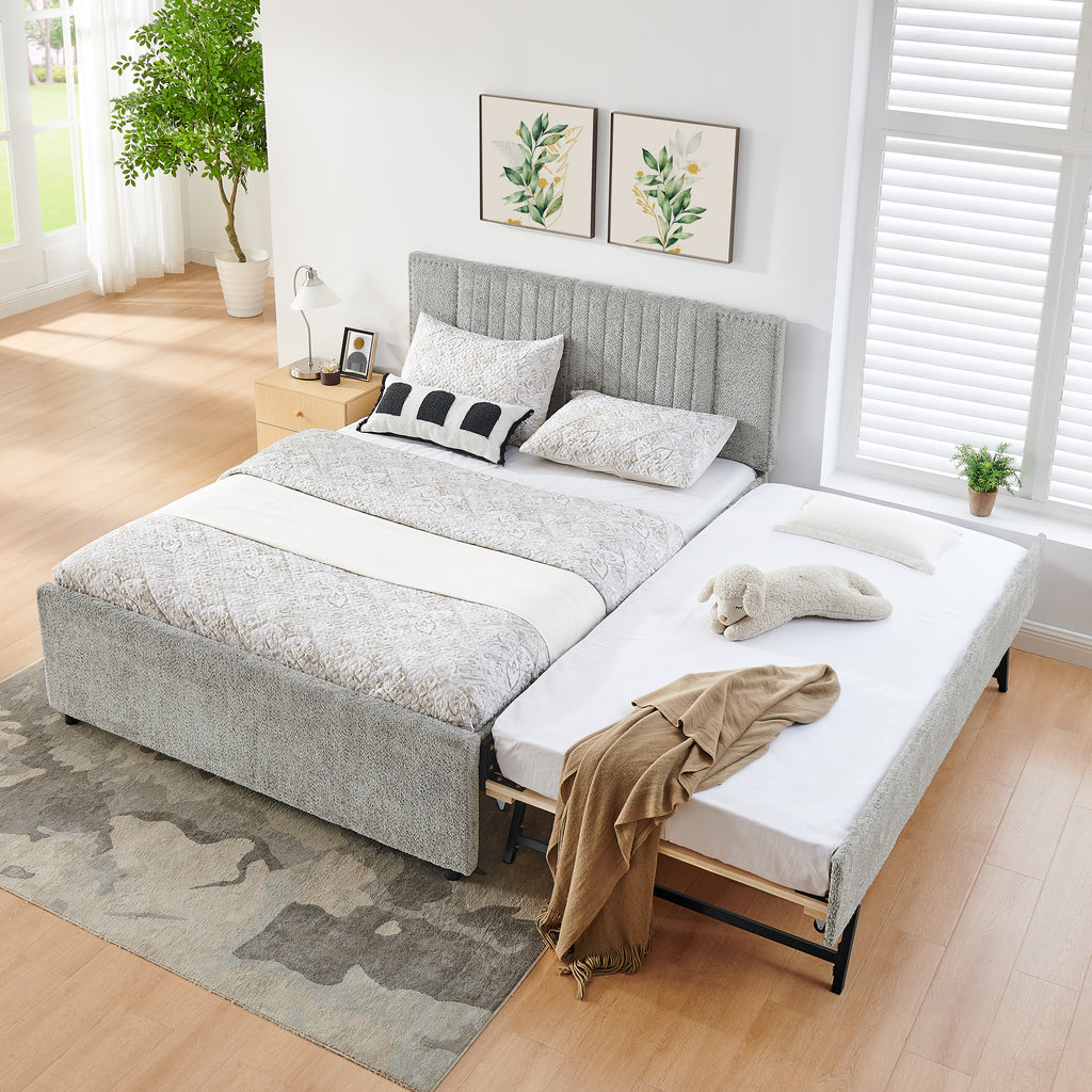 Queen Vertical Channel Tufted Upholstered Bed, Grey Chenille, Storage Drawers & Pull-Out Trundle