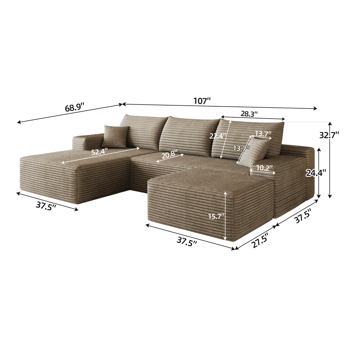 107" Cloud Sectional Sofa with Ottoman - Modern Minimalist Design
