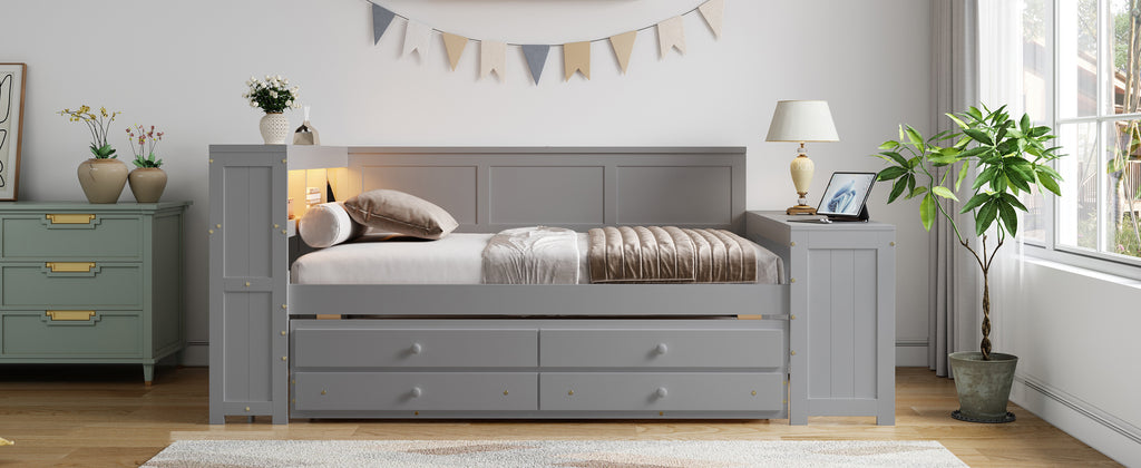Full Size Daybed with Storage Shelves, Drawers, and Trundle