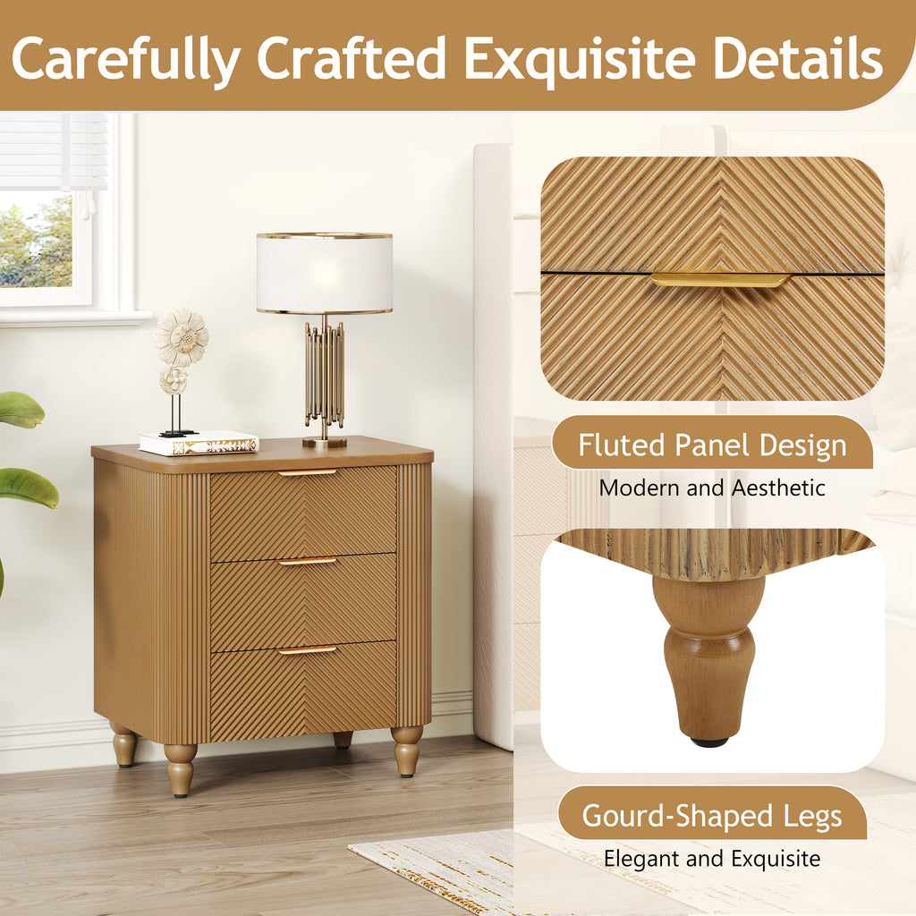 Mid-Century Fluted 3 Drawers Nightstand