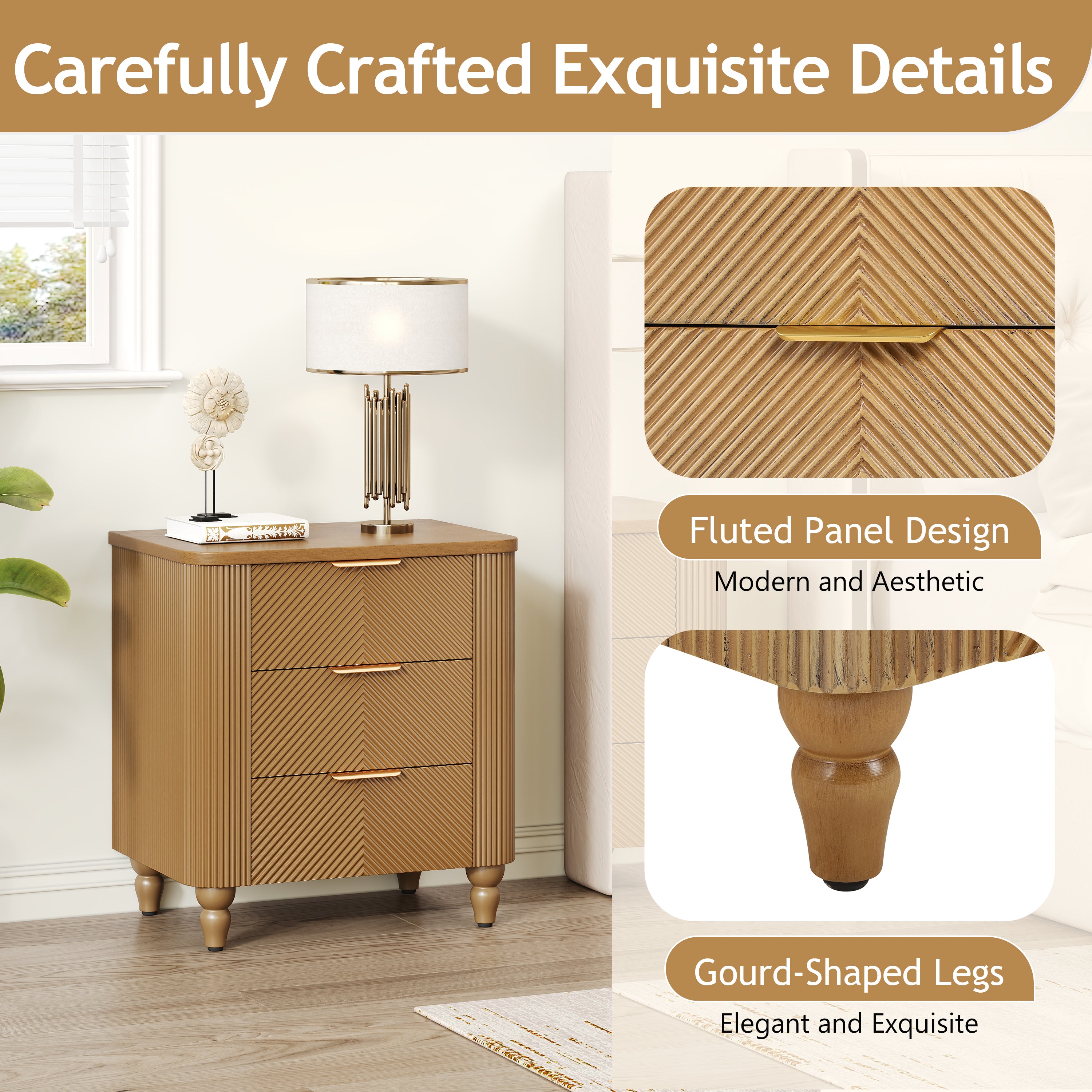 Mid-Century Fluted 3 Drawers Nightstand