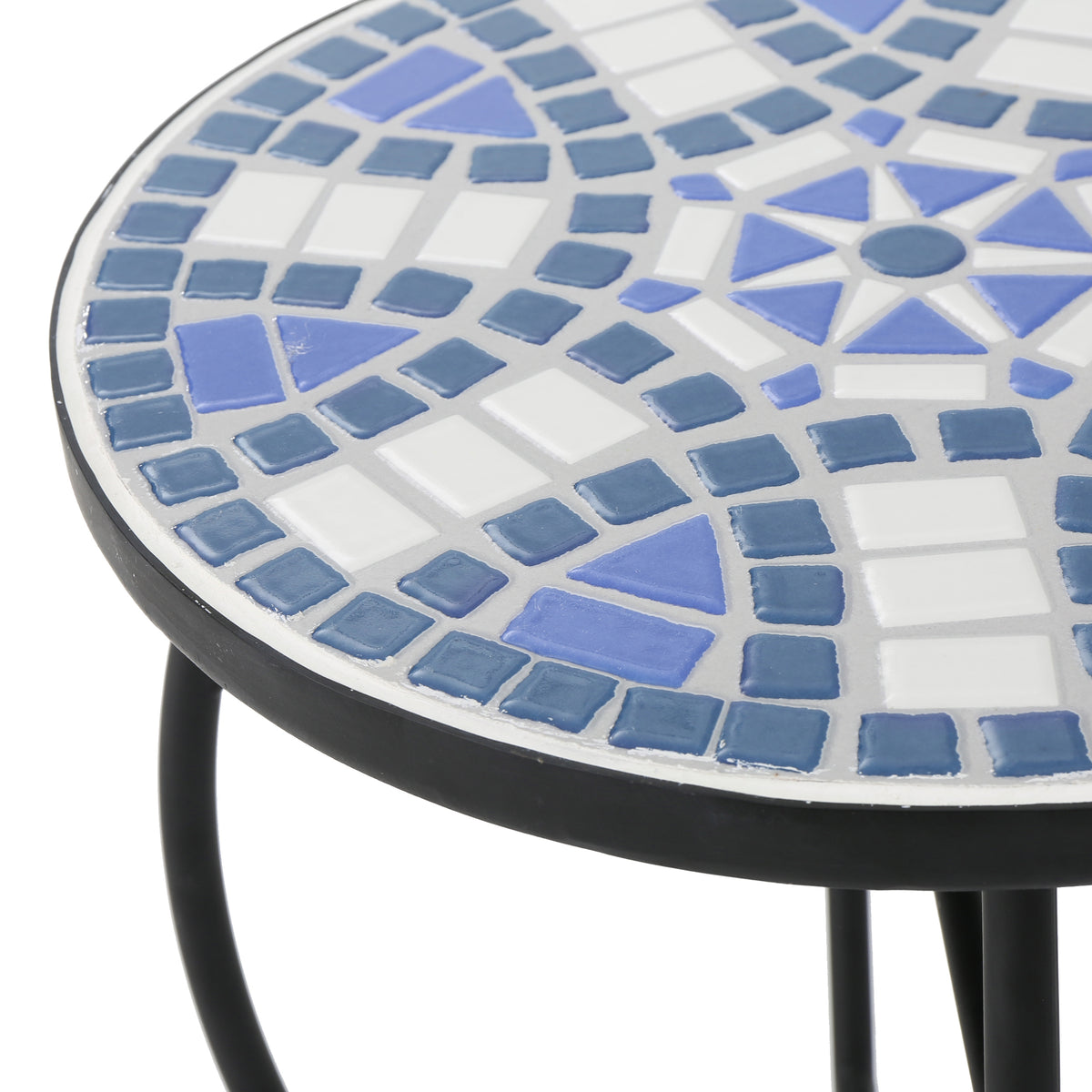 Outdoor Round Side Table with Mosaic-Style Top and Curved Iron Legs