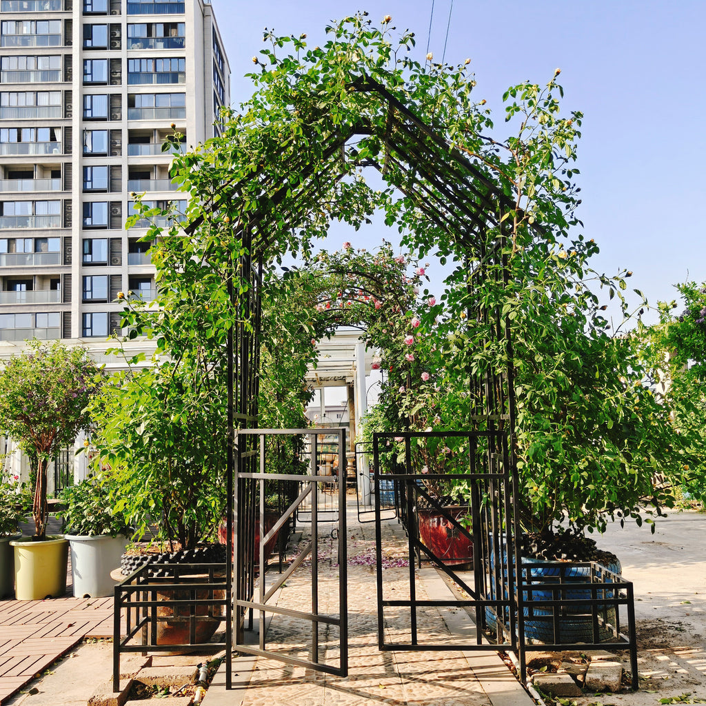 Metal Garden Arch with Gate and Planter