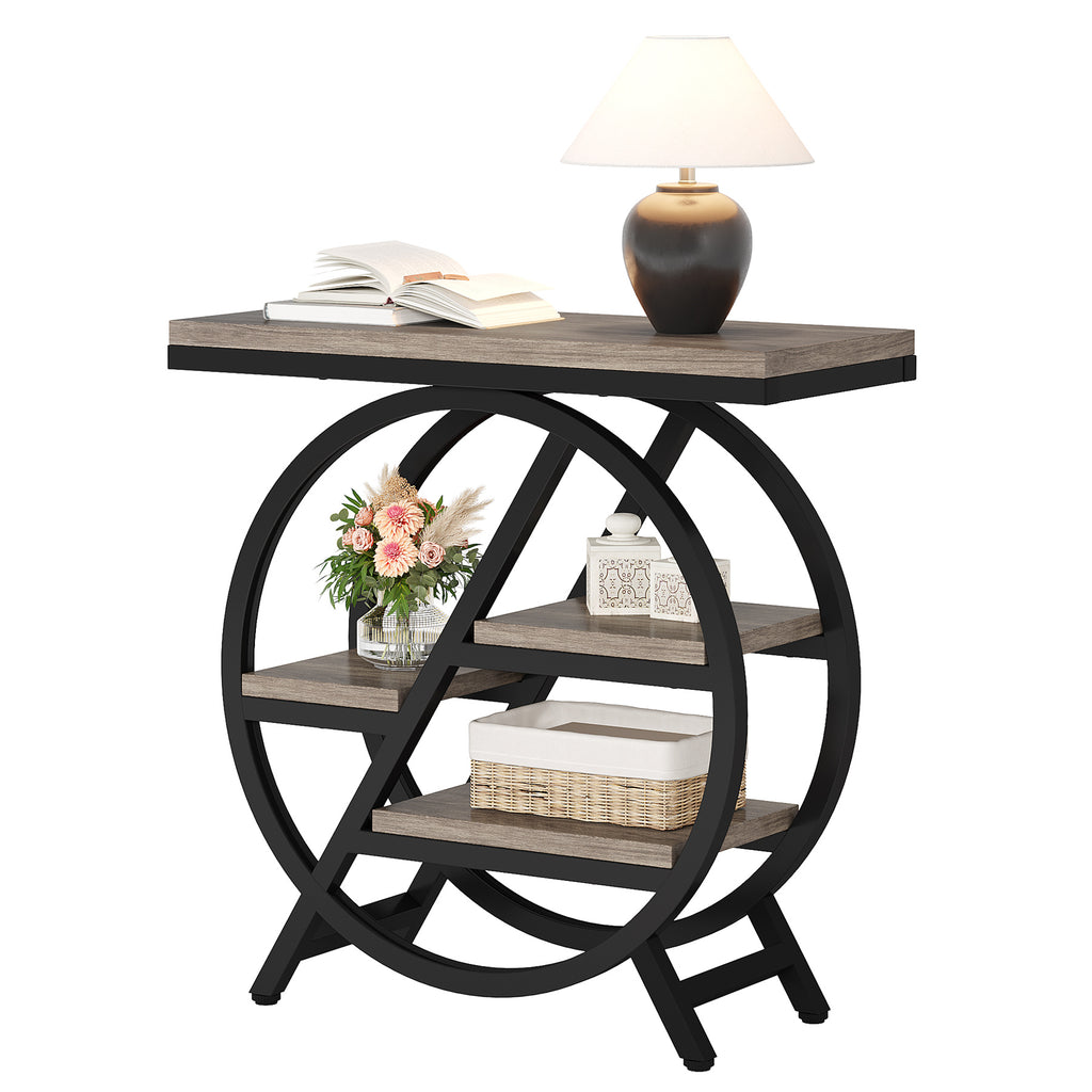 25.59" Industrial Narrow End Table with 3-Tier Storage Shelves