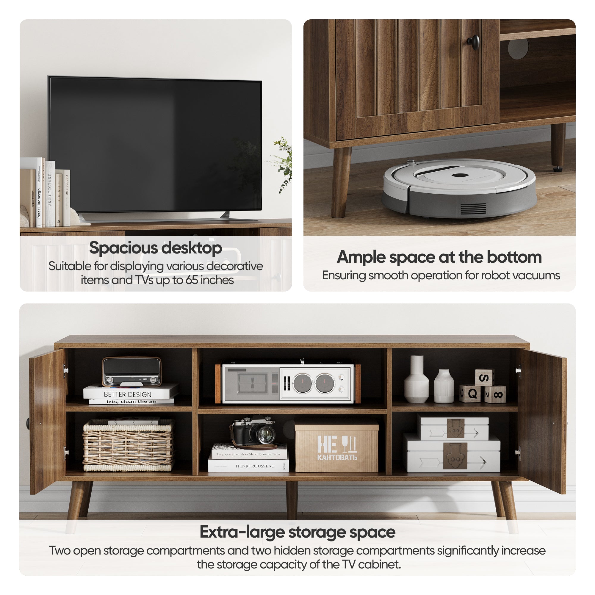 55-Inch Wooden TV Cabinet with 2 Vertical Groove Doors