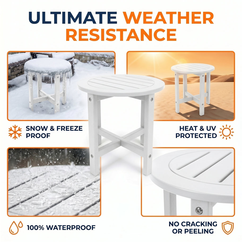 White HDPE Outdoor Side Table - 16 in. Round All-Weather Patio End Table