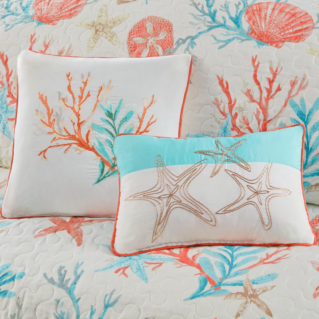 6 Piece Cotton Sateen Quilt Set with Throw Pillows Coral King/Cal King