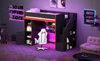 Gaming Loft Bed with Desk and Storage, LED Lights, Twin
