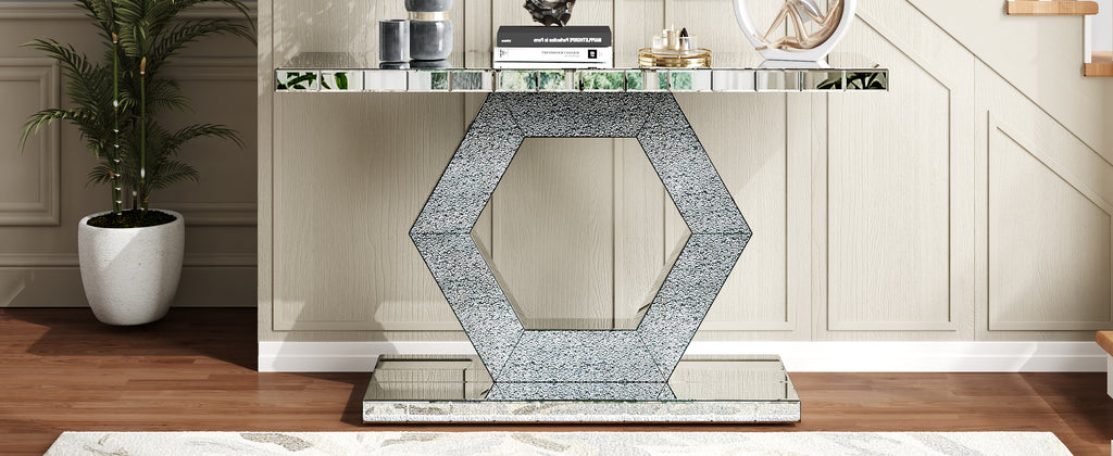 Sparkling Crystal Hexagon Mirror Entryway Console Table