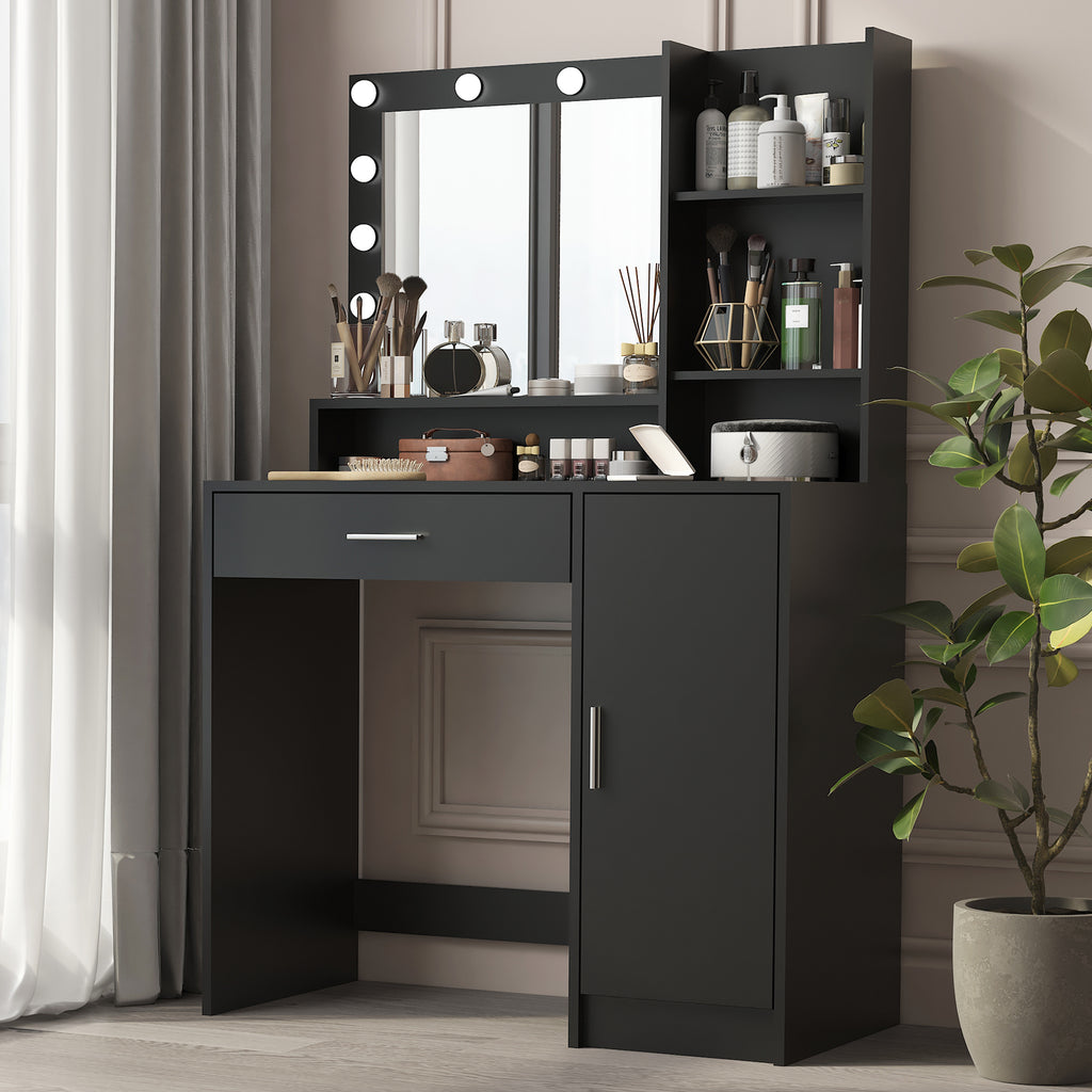 Vanity Desk with Mirror & Light, Large Drawer Three Level Storage Dresser