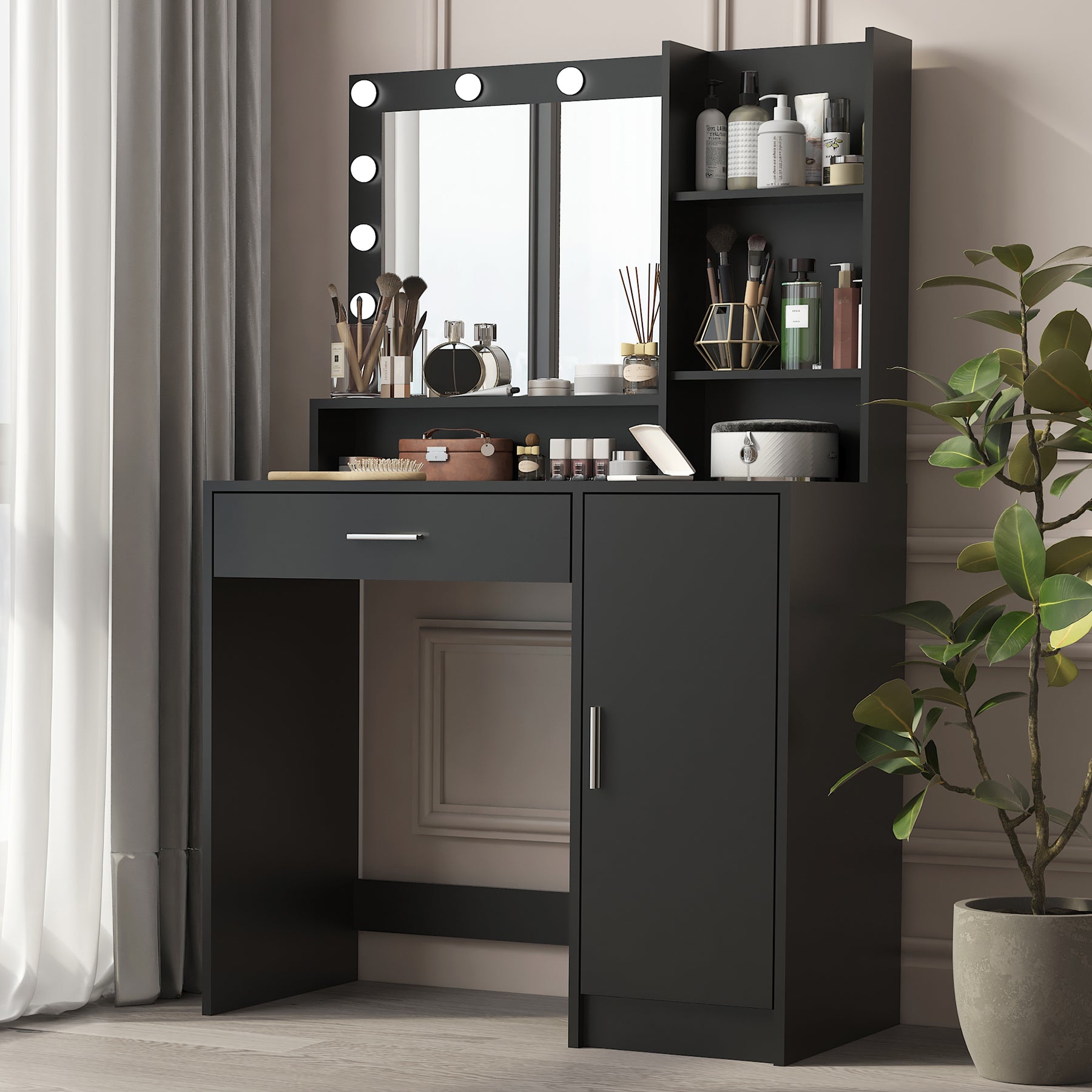 Vanity Desk with Mirror & Light, Large Drawer Three Level Storage Dresser