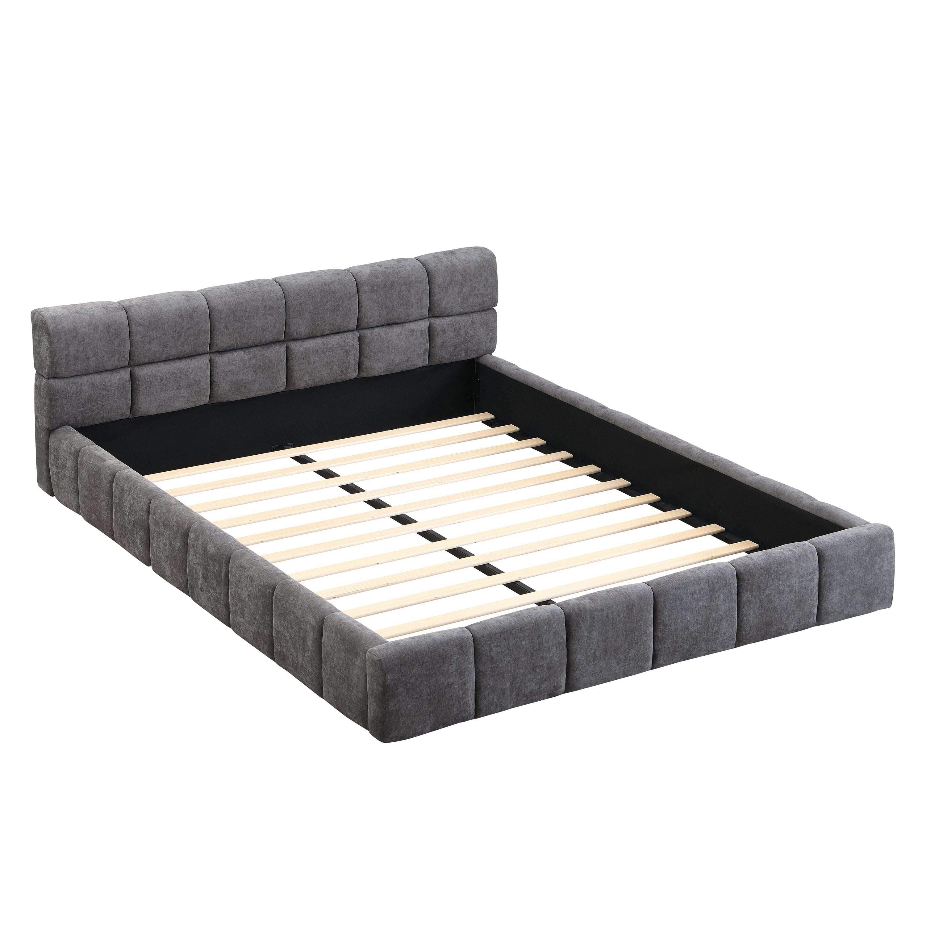 Elegant Chenille Upholstered Bed with Checkerboard Design, Queen