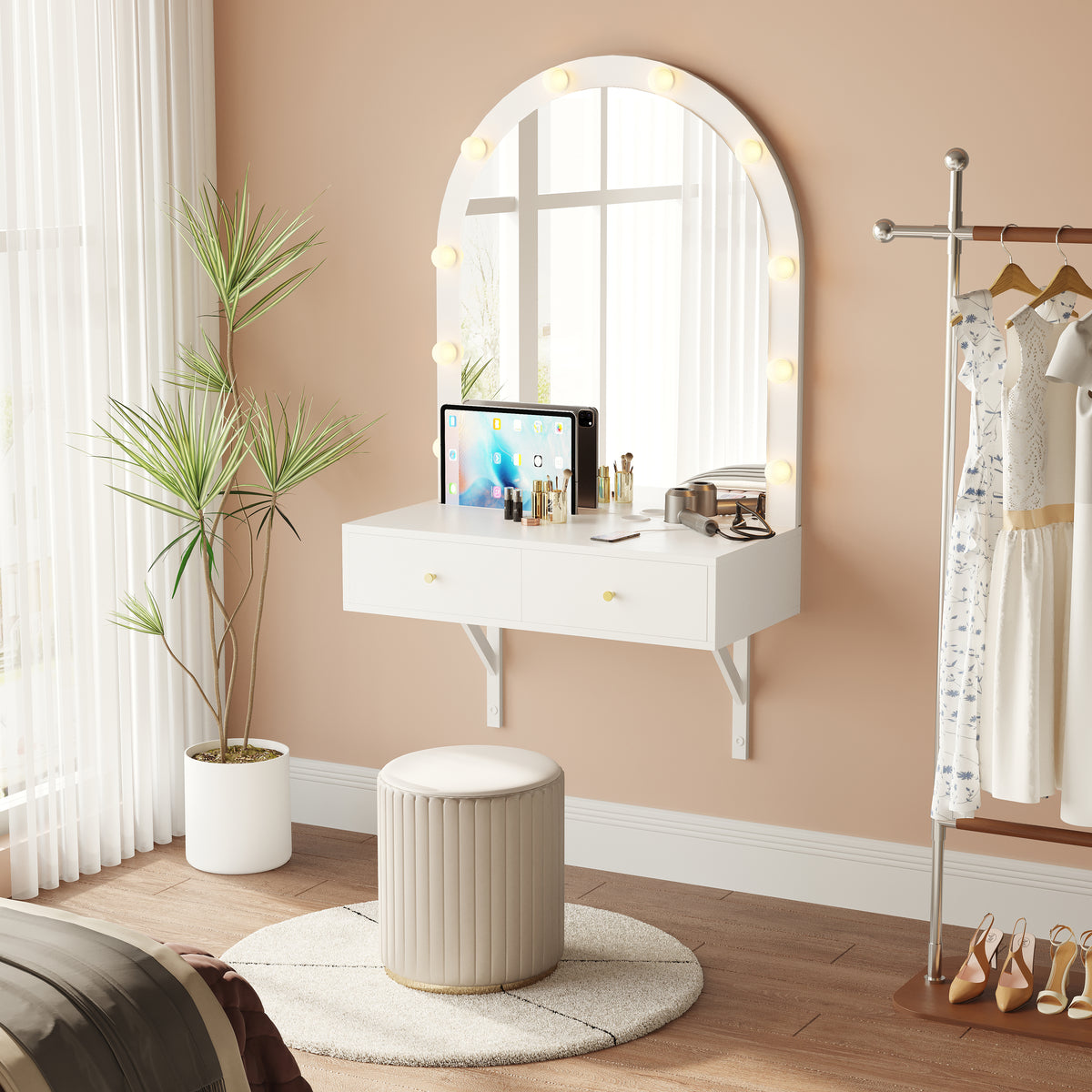 Floating Makeup Vanity Desk with Mirror & 3-Color Lights