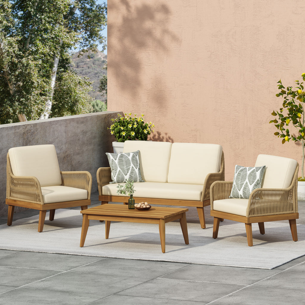 Outdoor 4-Piece Acacia Wood Chat Set with Rope