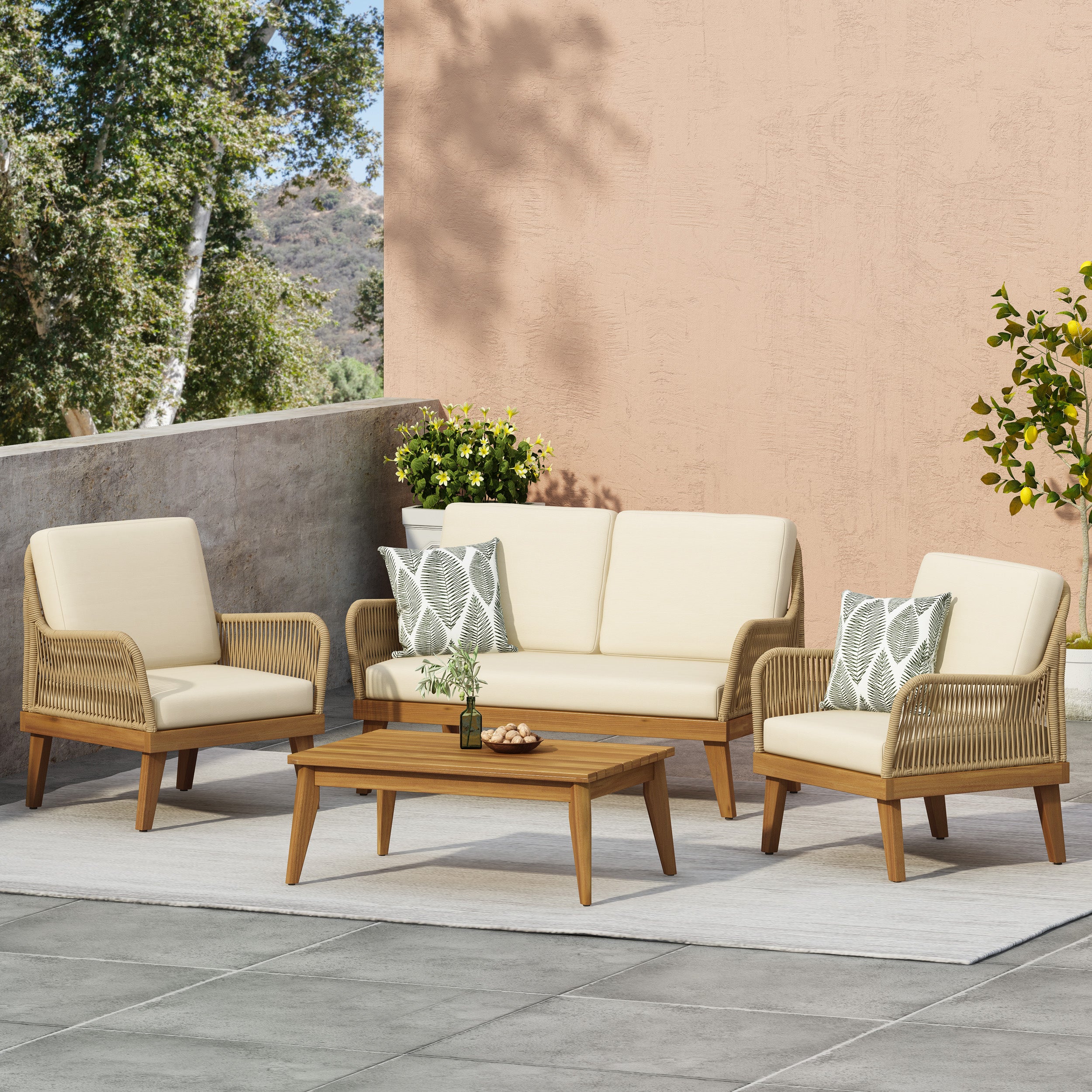 Outdoor 4-Piece Acacia Wood Chat Set with Rope
