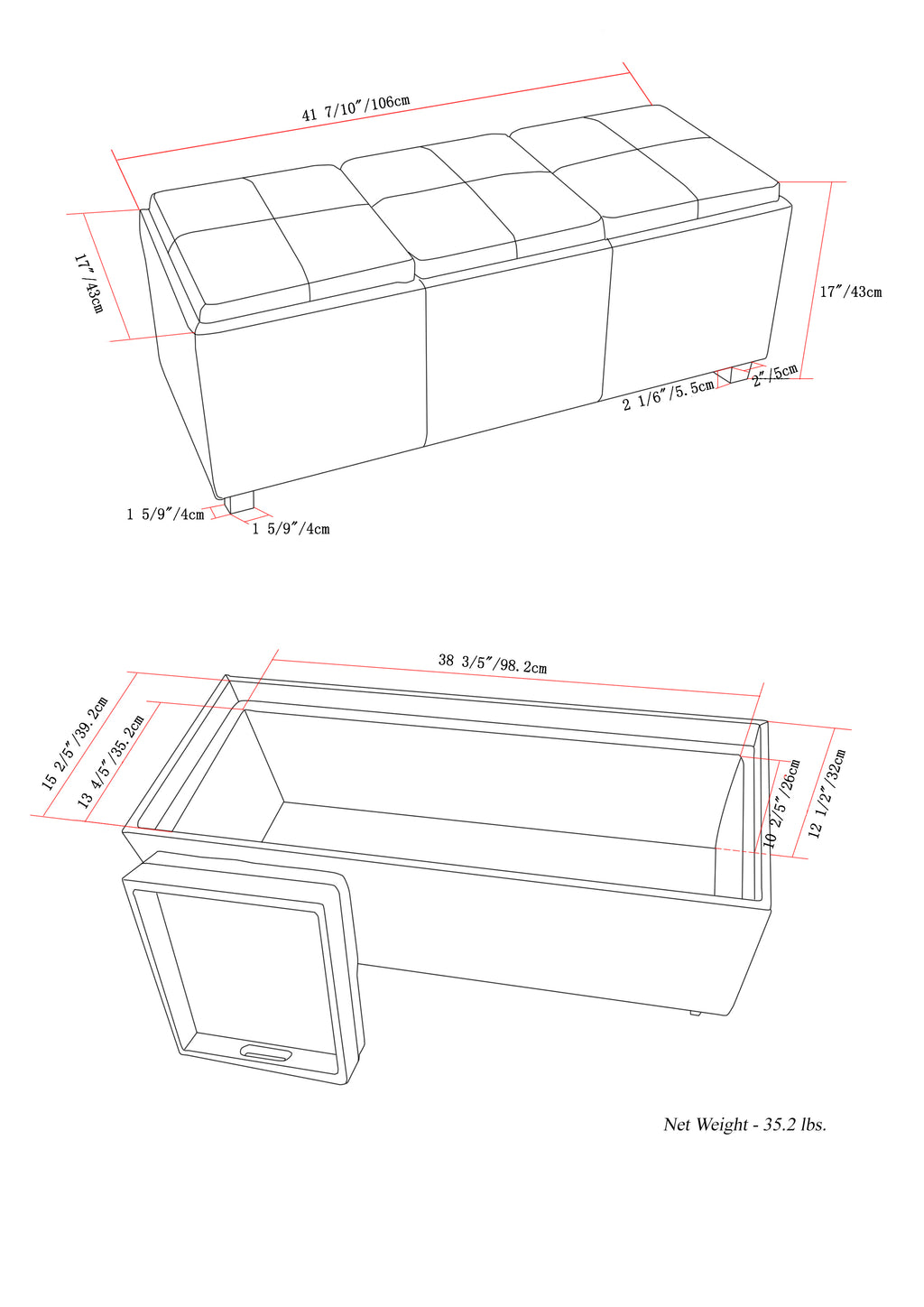 Avalon 42 Inch Wide Storage Ottoman in Tanners
