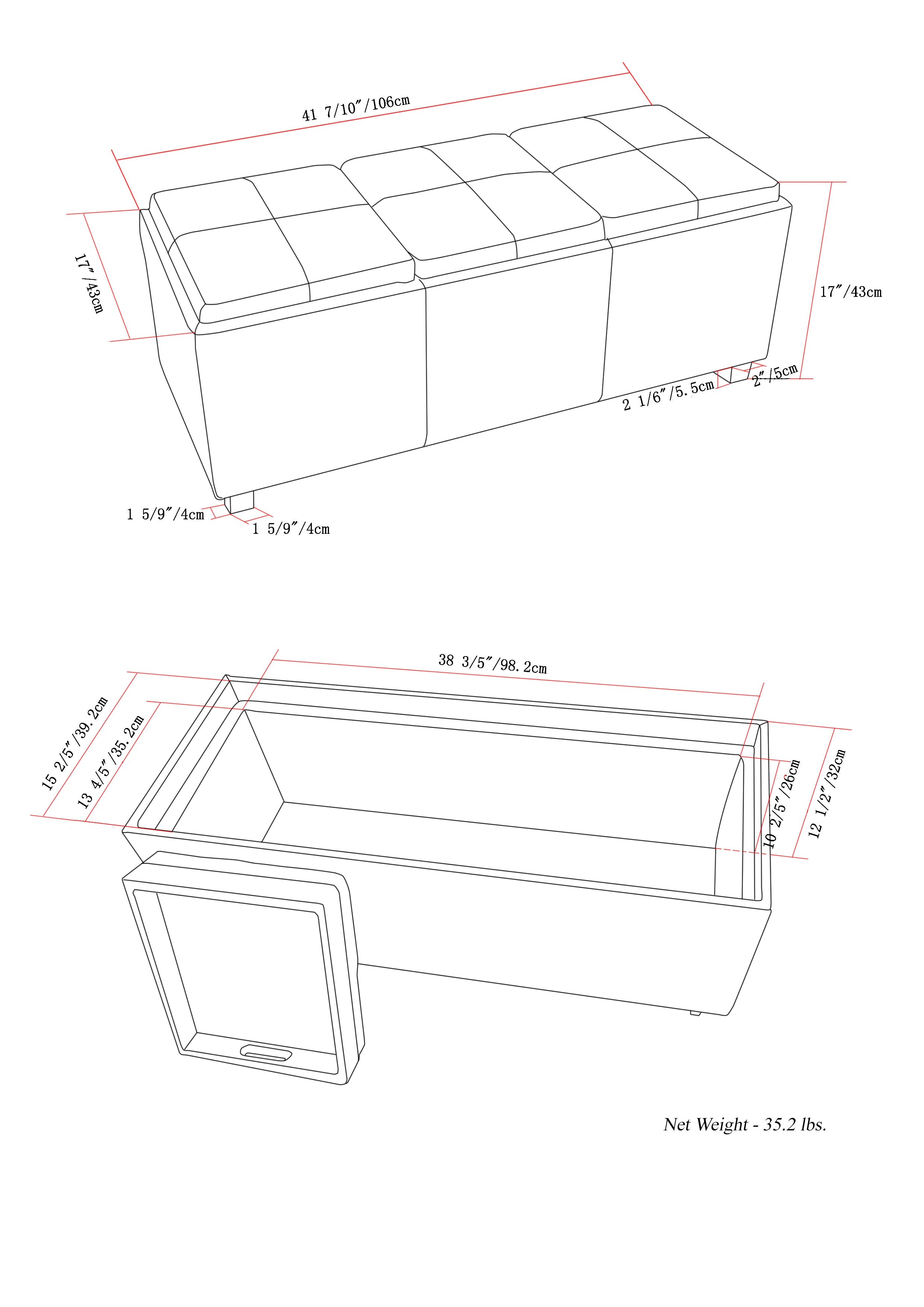 Avalon 42 Inch Wide Storage Ottoman in Tanners