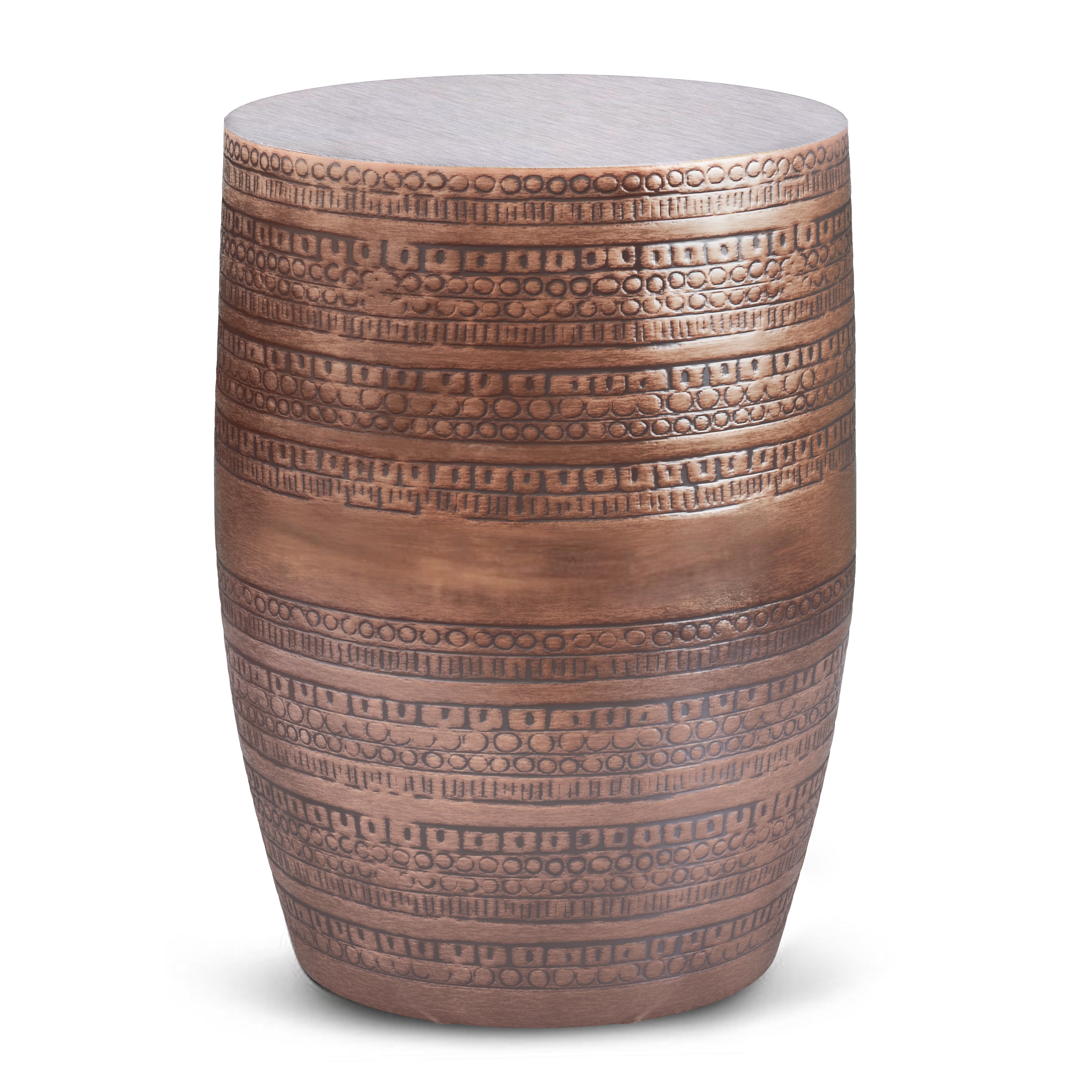 Johnsen 15 Inch Wide Tribal Pattern Metal Accent Table in Antique Cooper