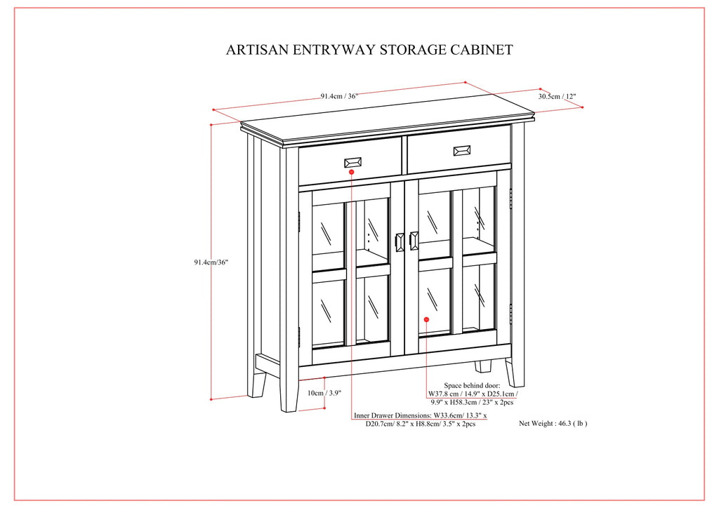 Artisan 36 Inch Wide Solid Wood Entryway Storage Cabinet in Russet