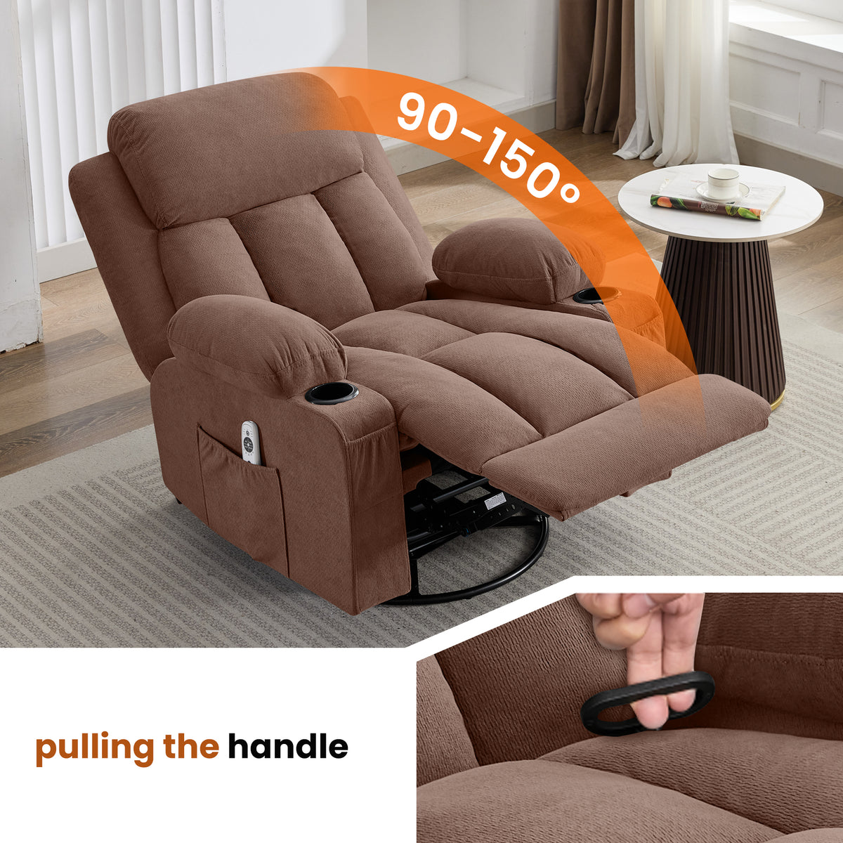 Swivel Rocker Recliner Chair with Vibration Massage and Heat for Living Room ,with Rocking Function and Side Pocket, USB Charge Port,2 cup holders