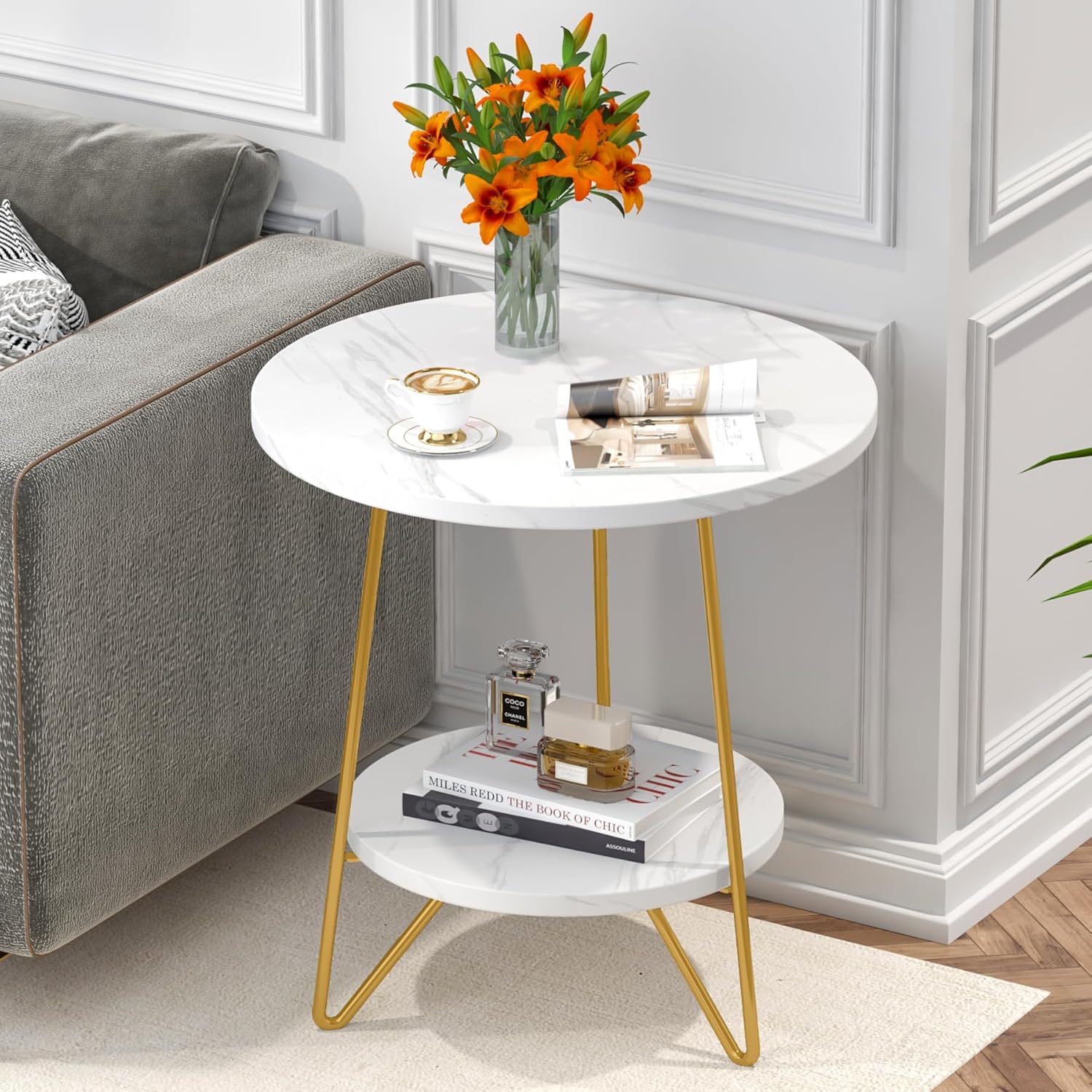 18.7” Round Faux Marble End Table, 2-Tier Round
