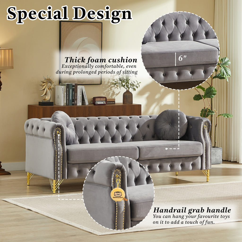 82-Inch Velvet Chesterfield Sofa with Two Round Pillows