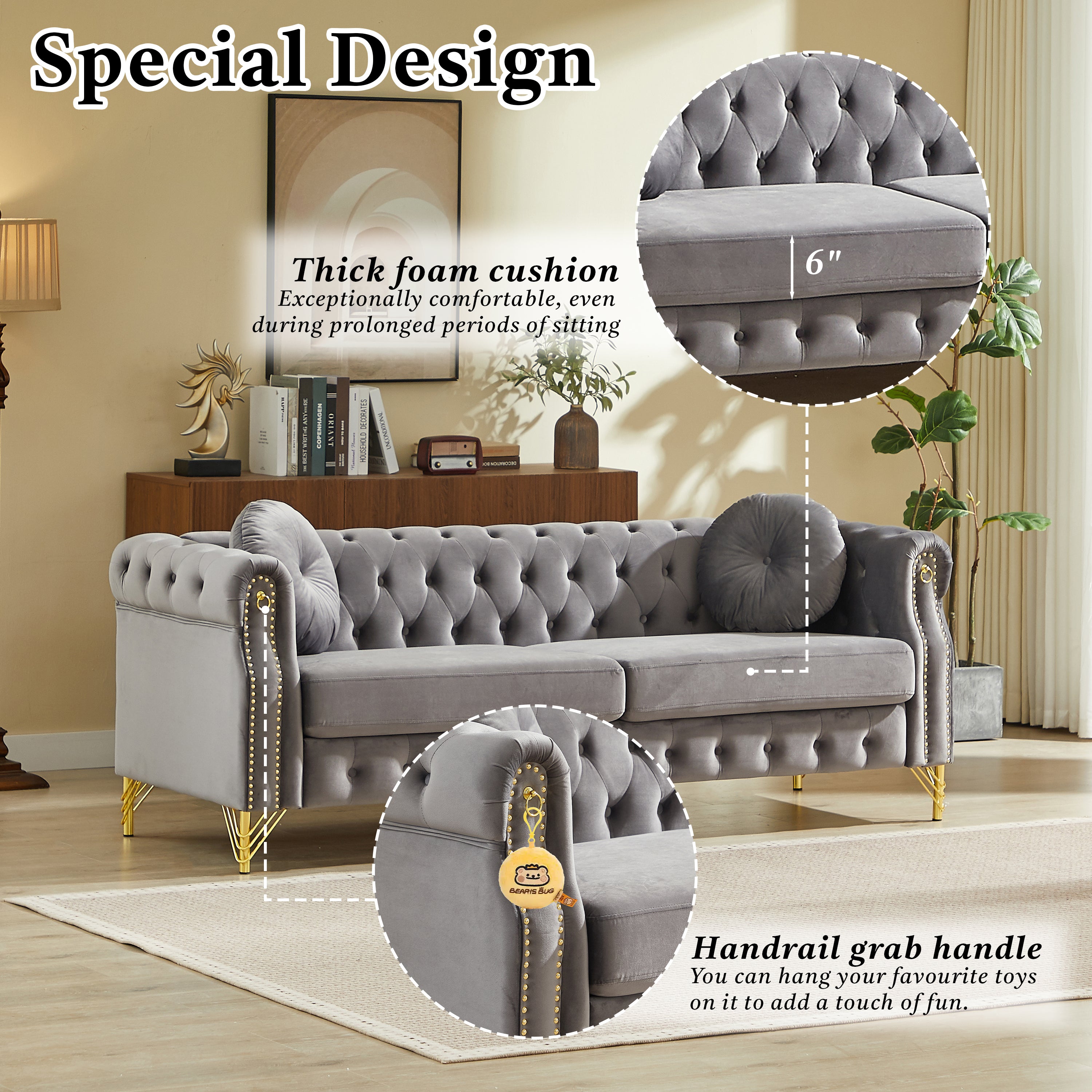 82-Inch Velvet Chesterfield Sofa with Two Round Pillows