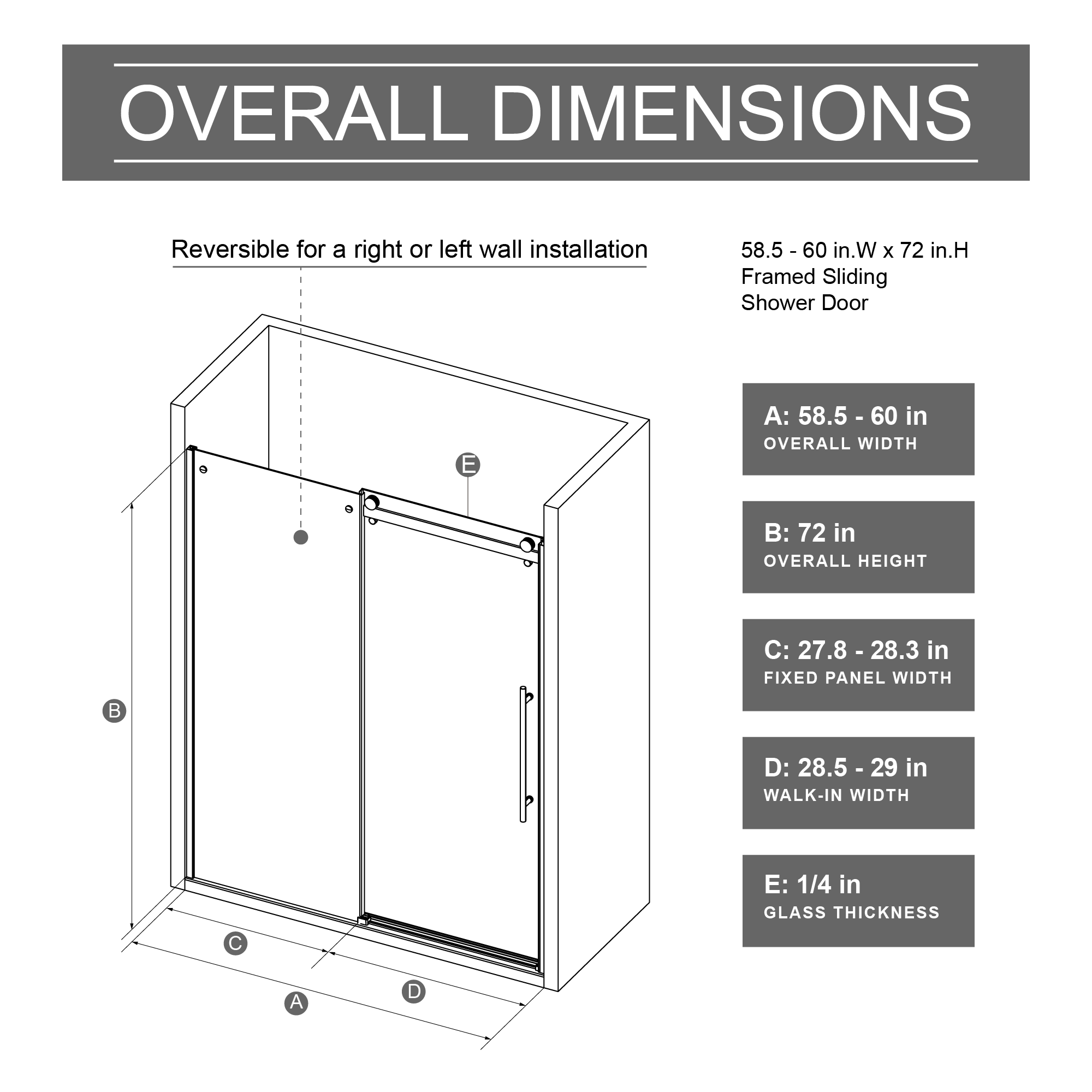 60" W x 72" H Frameless Shower Door