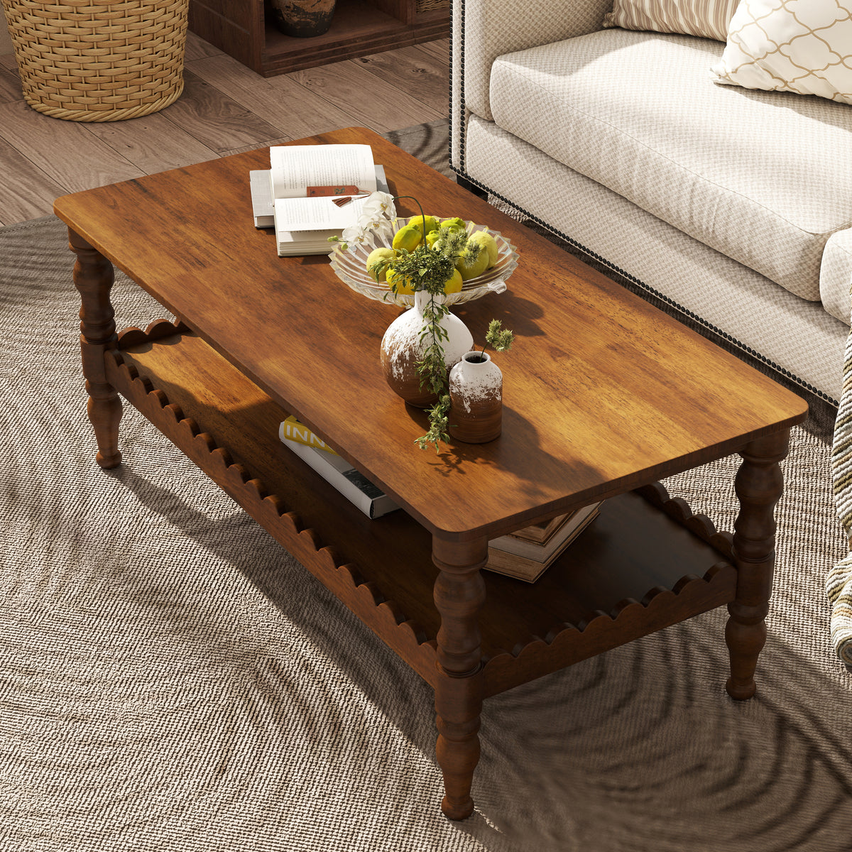 Rectangle Coffee Table Solid Wood Coffee Table with Storage Shelf,Farmhouse 2-Tier Center Table Lacquered Classical Legs,Easy Assembly Apartment Center Sofa Table  for Living Room