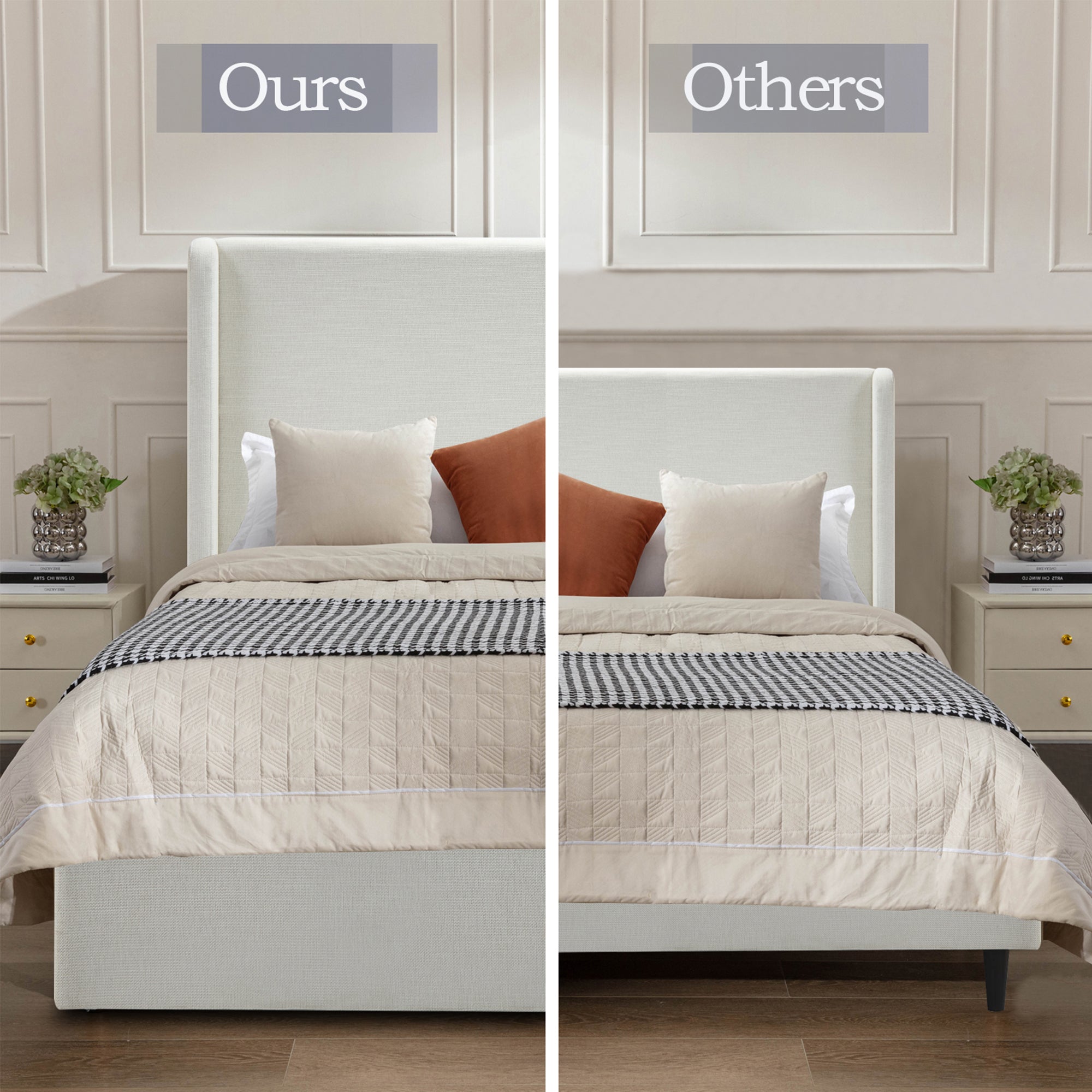 Caron Upholstered Wingback Bed with 52.3' High Headboard in Ivory Canvas Chenille