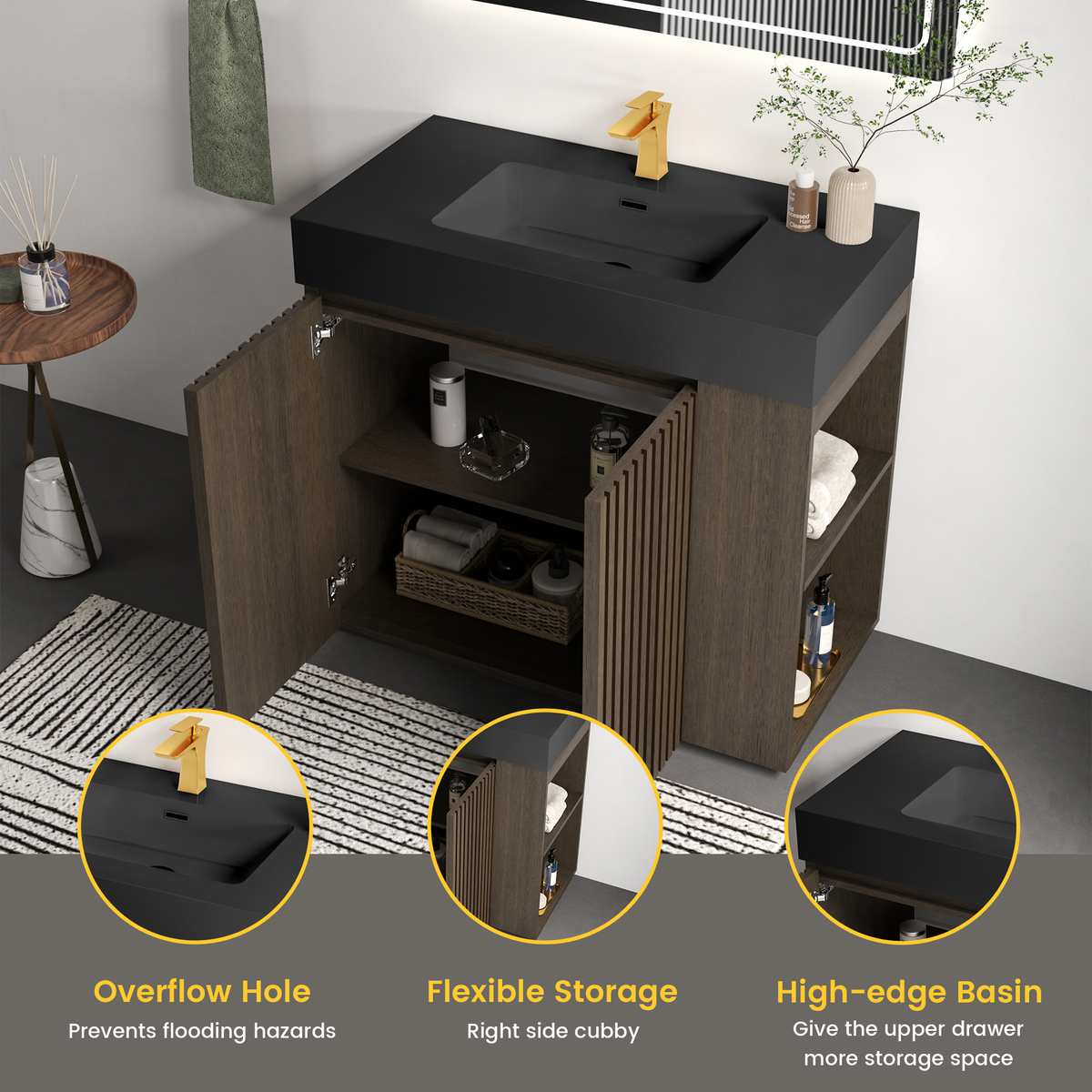 GALAN 36-Inch Bathroom Vanity, Smoked Oak with Solid Surface Sink, Dark Walnut
