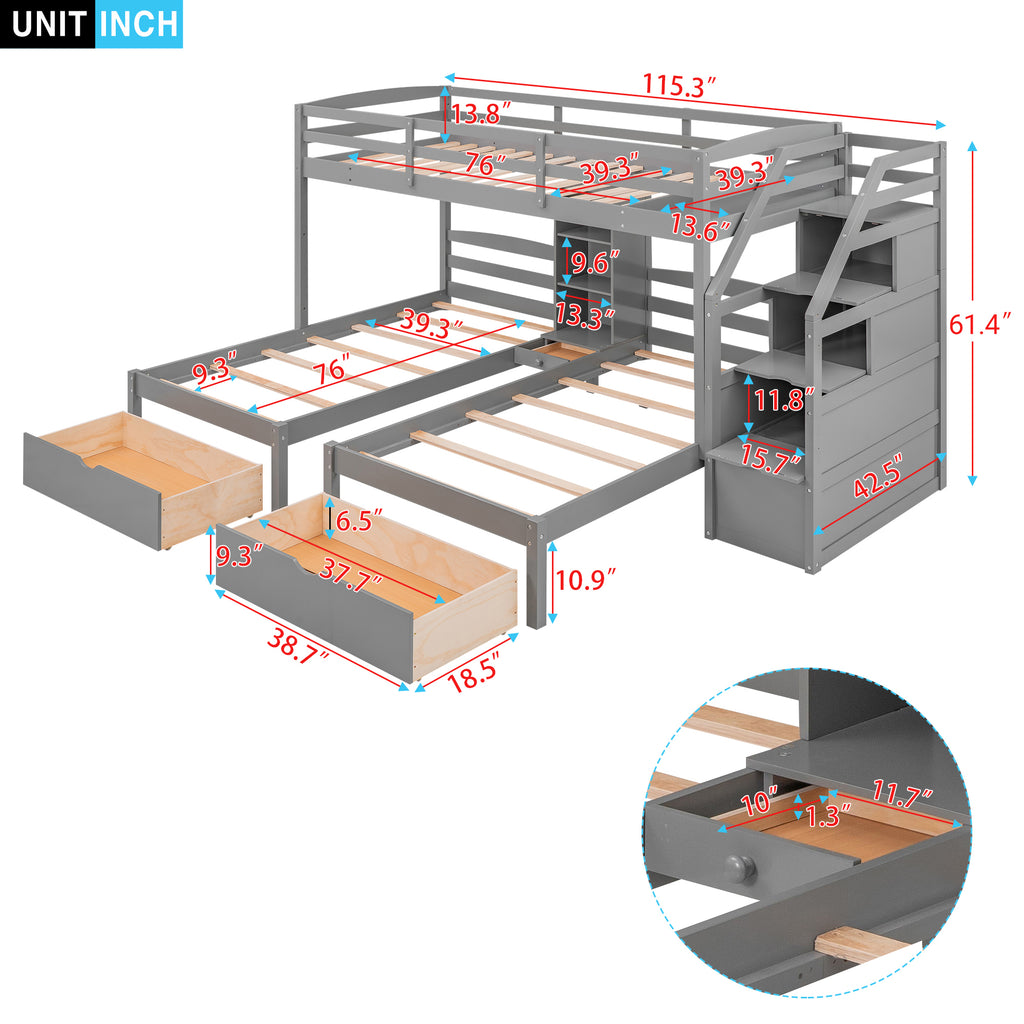 Twin Over Twin Bunk Bed with Drawers and Storage