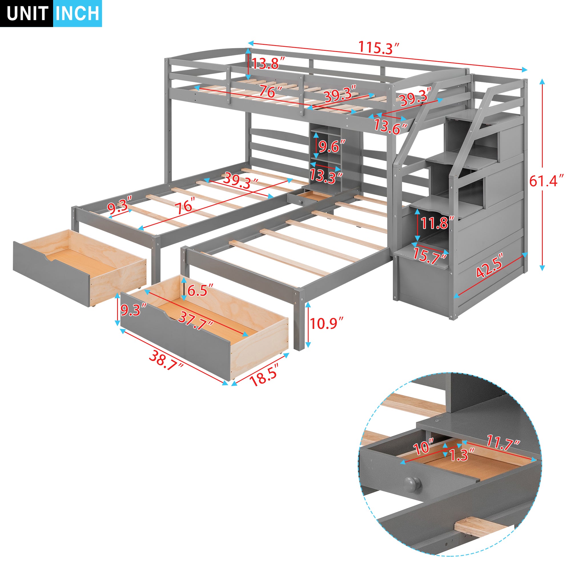 Twin Over Twin Bunk Bed with Drawers and Storage