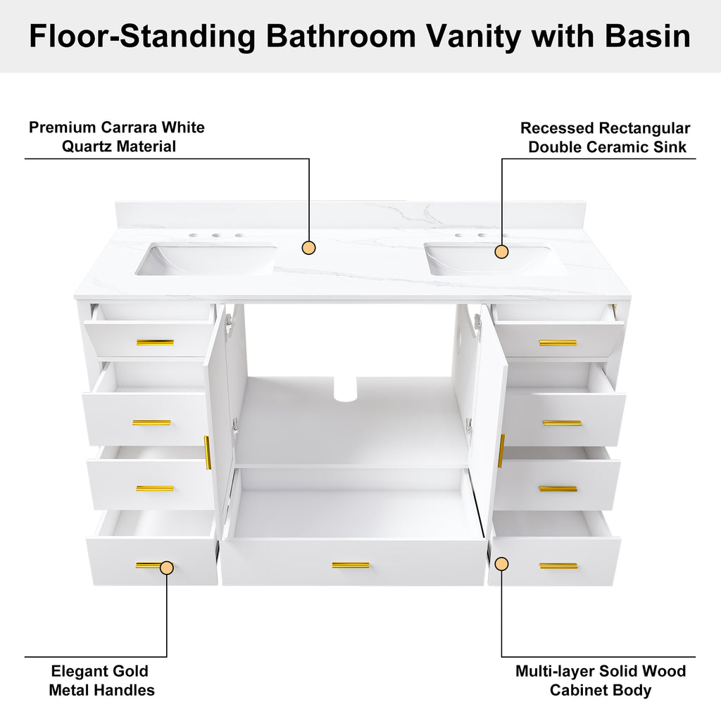 60" Solid Wood Bathroom Vanity with 2 Sinks