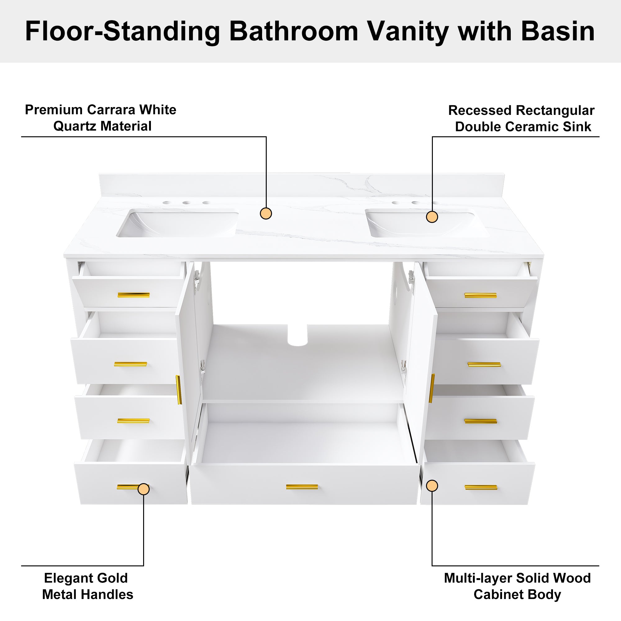 60" Solid Wood Bathroom Vanity with 2 Sinks