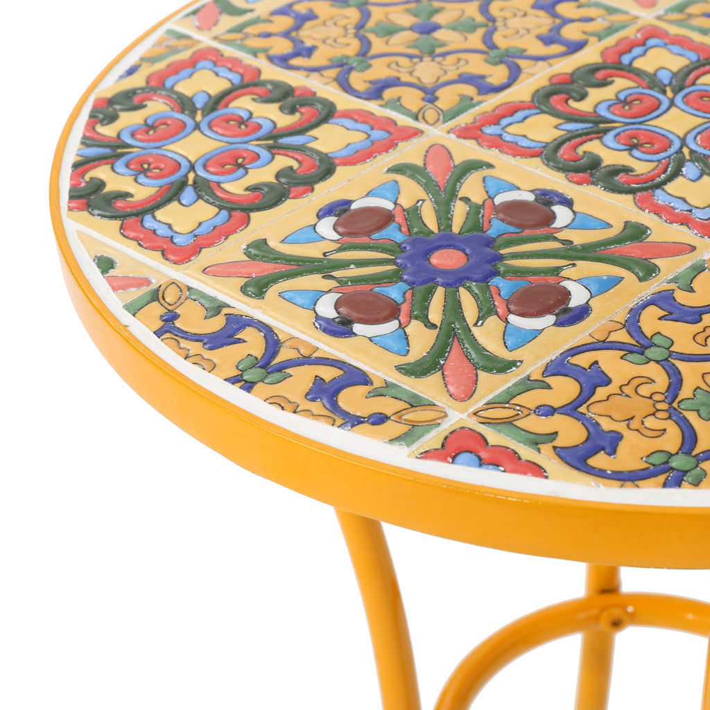 Outdoor Side Table with Tile Mosaic Table Top and Metal Legs