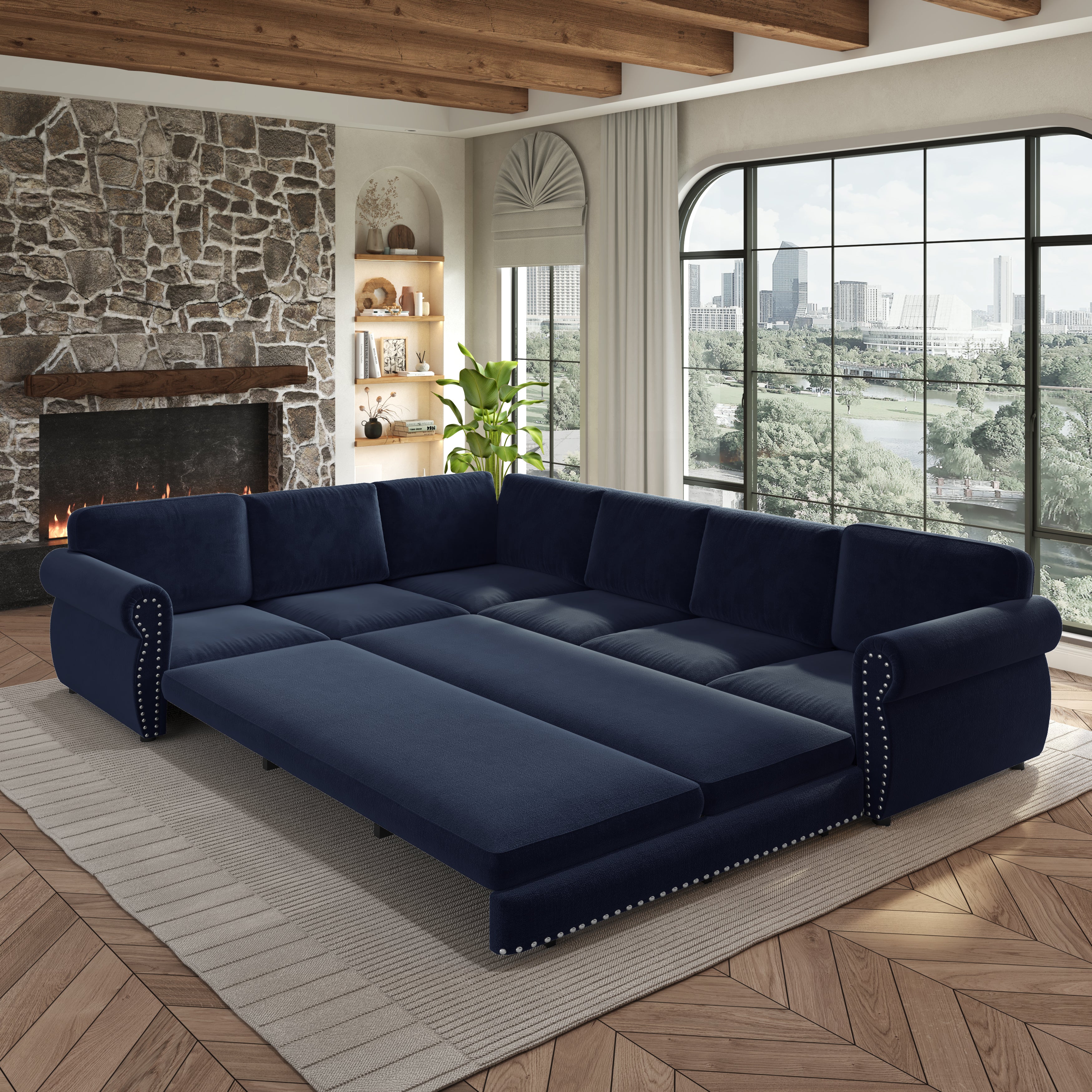 118" L-Shaped Sofa Couch with Pull-Out Bed