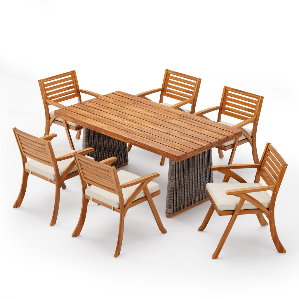 Outdoor 7 Pieces Acacia Wood Dining Set with Handwoven Rattan Legs
