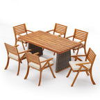 Outdoor 7 Pieces Acacia Wood Dining Set with Handwoven Rattan Legs