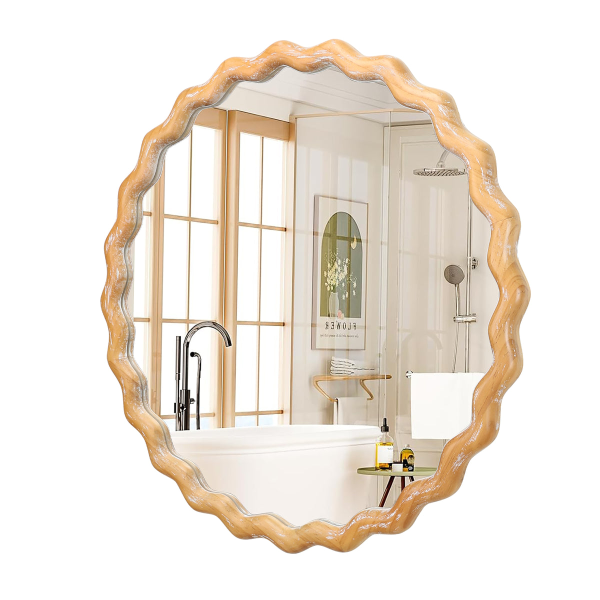 27.5-Inch Round Wavy Wall Mirror, Antique Natural Farmhouse Wood Frame