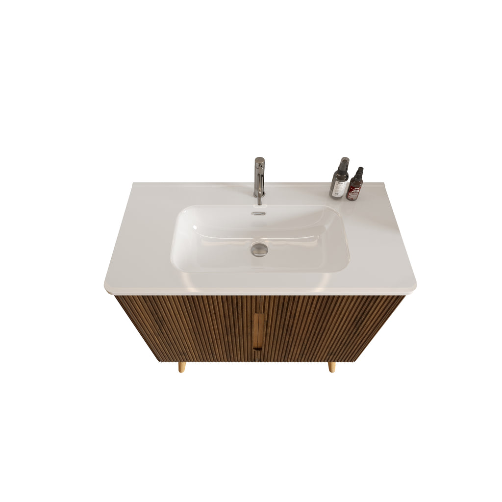 Etna 36-Inch Bathroom Vanity, Walnut Striped with Ceramic Sink