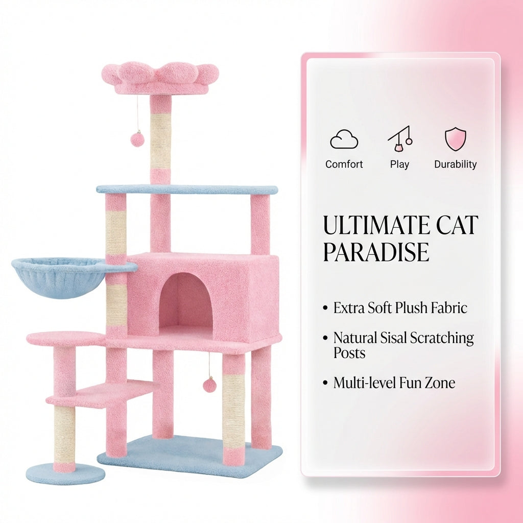Flower Cat Tree with Large Condo, 56-Inch Tall, Pink